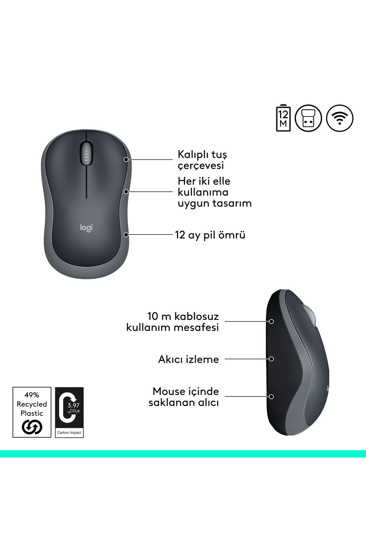 M185 USB Alıcılı Kompakt Kablosuz Mouse, Gri 910-002235