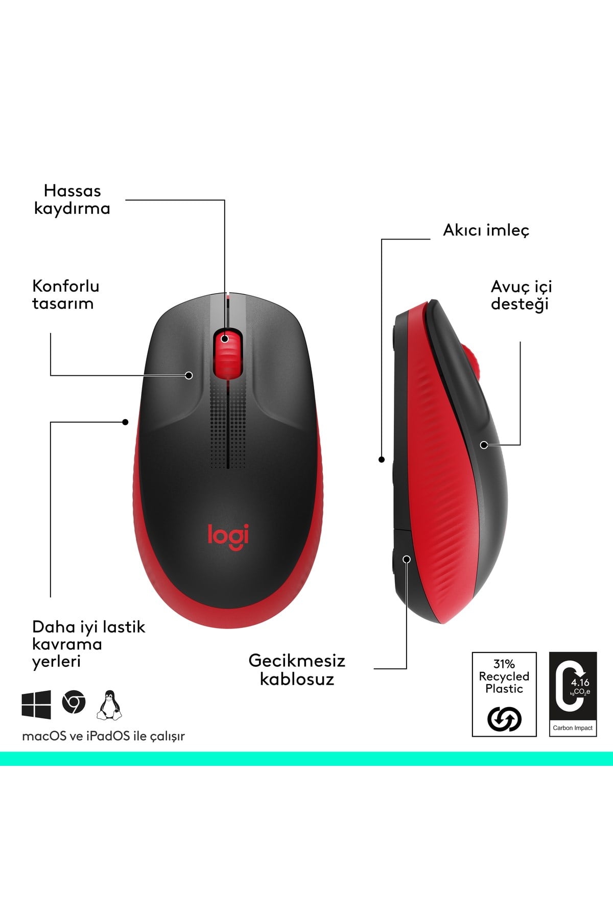 M191 Büyük Boy USB Alıcılı 1000 DPI Kablosuz Mouse, Kırmızı 910-005910