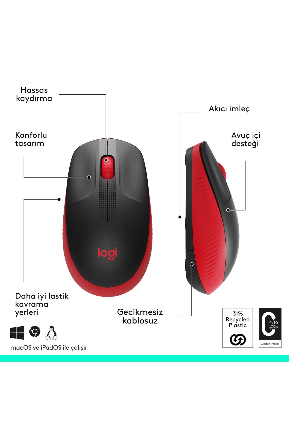 M191 Büyük Boy USB Alıcılı 1000 DPI Kablosuz Mouse, Kırmızı 910-005910