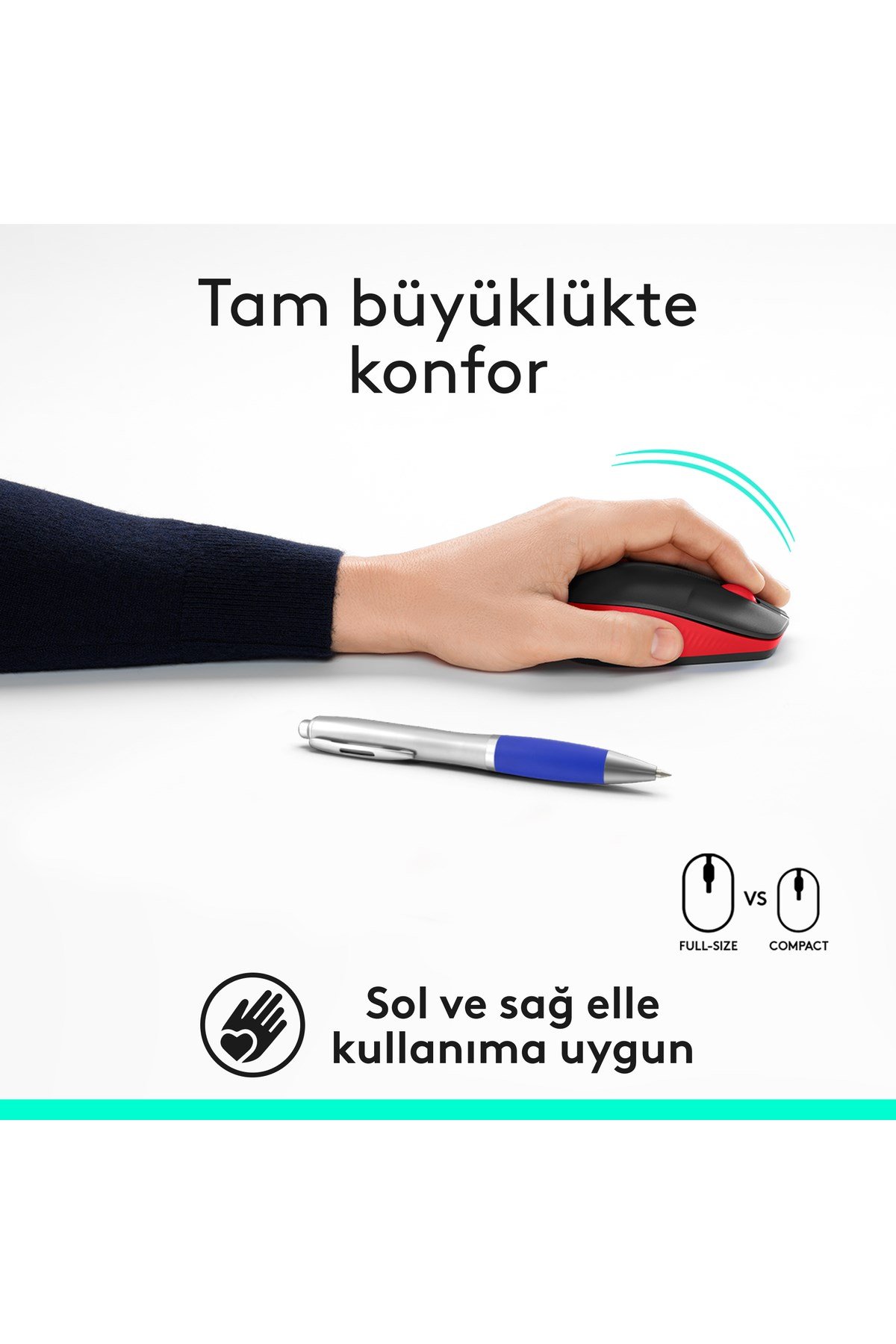 M191 Büyük Boy USB Alıcılı 1000 DPI Kablosuz Mouse, Kırmızı 910-005910