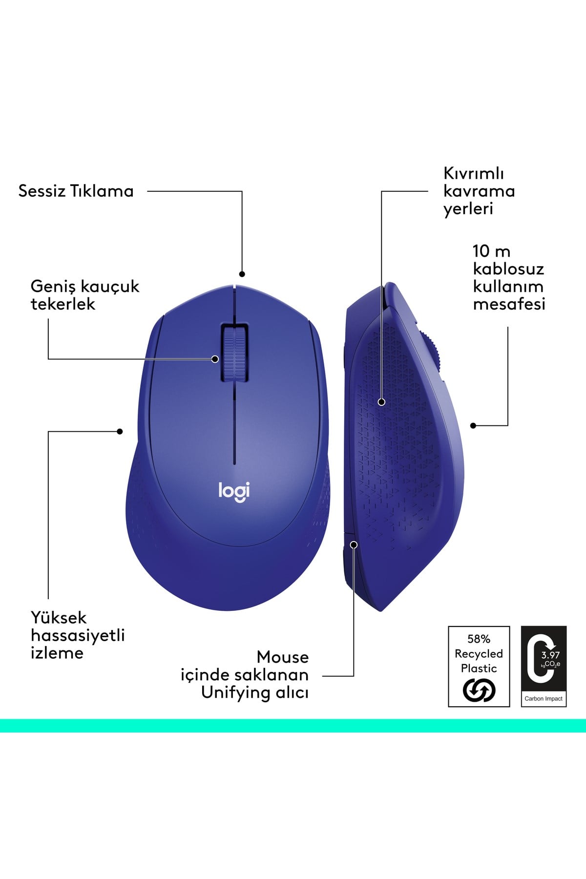 M330 Sessiz Kablosuz Optik Mouse, Mavi 910-004910