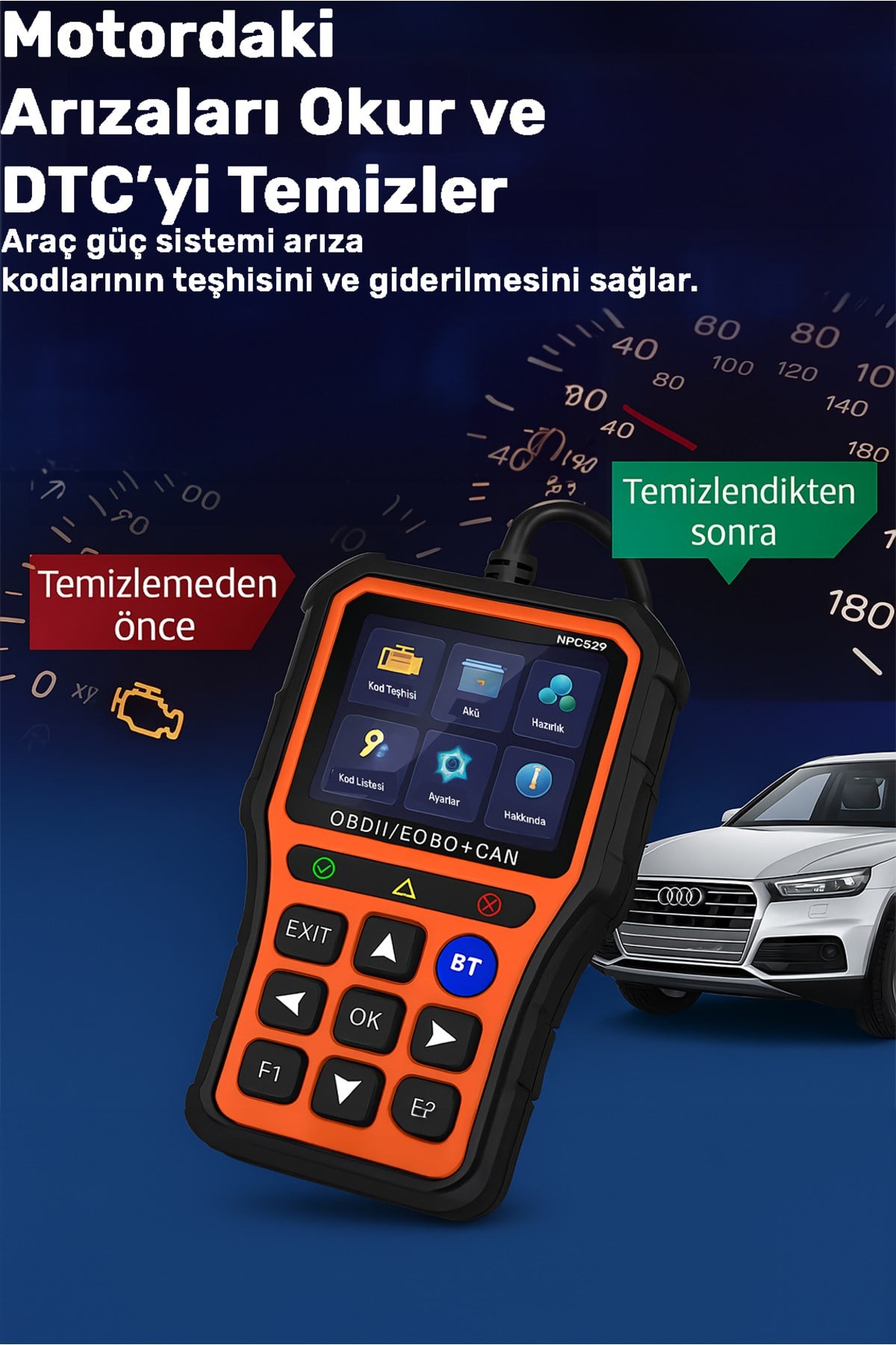 NPC529 Türkçe OBDII/EOBD+CAN Modlu Araç Arıza Tespit/Silme Cihazı