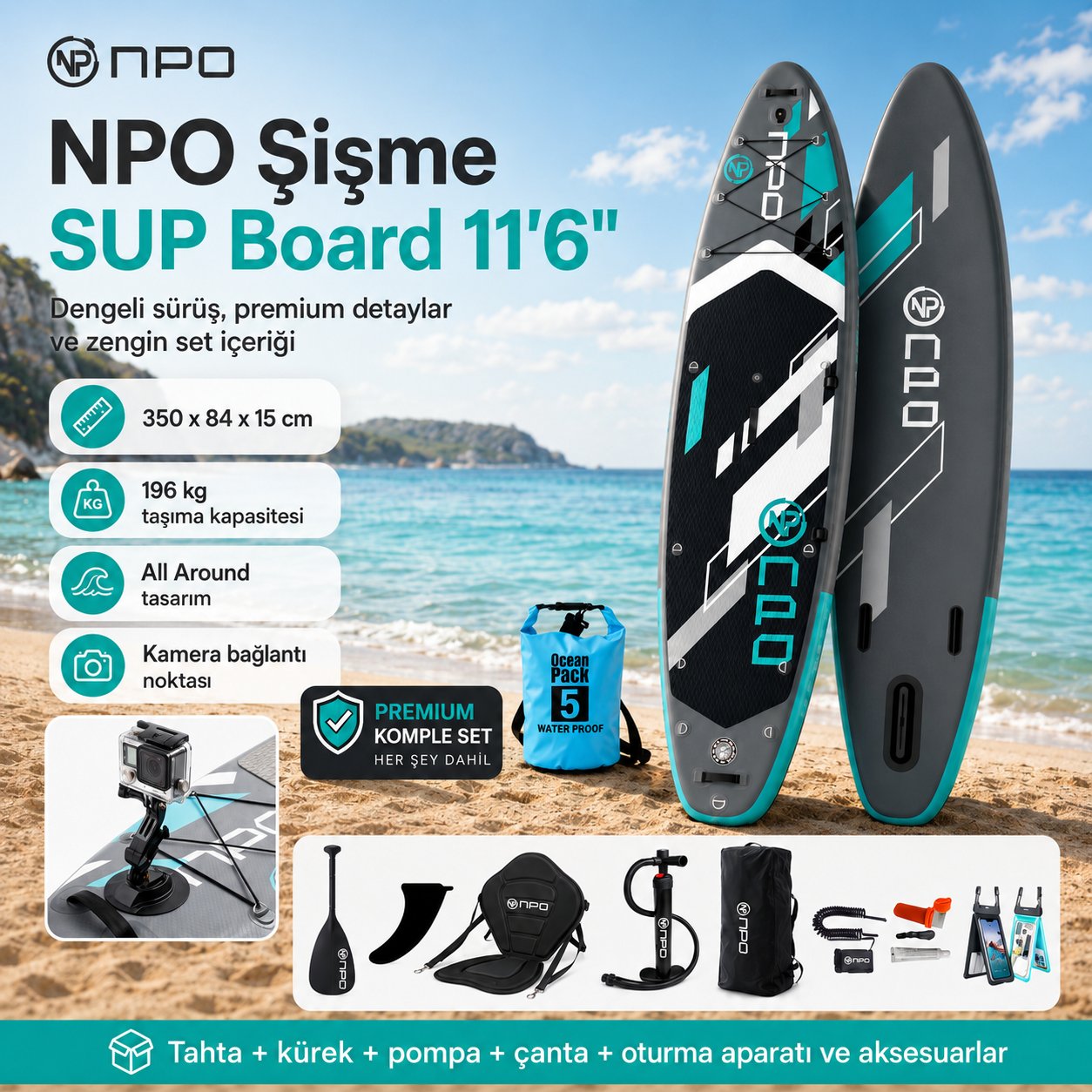 NPO Aqua Gray 350x84x15cm Şişme Military SUP Paddle Board 196kg Kürek Pompa Çanta Koltuklu Full Set