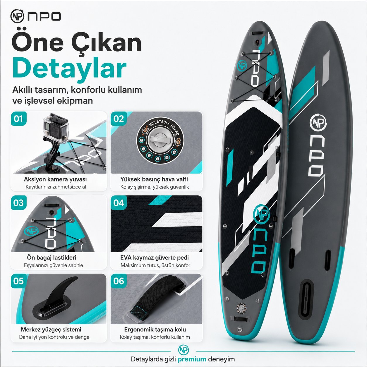 NPO Aqua Gray 350x84x15cm Şişme Military SUP Paddle Board 196kg Kürek Pompa Çanta Koltuklu Full Set