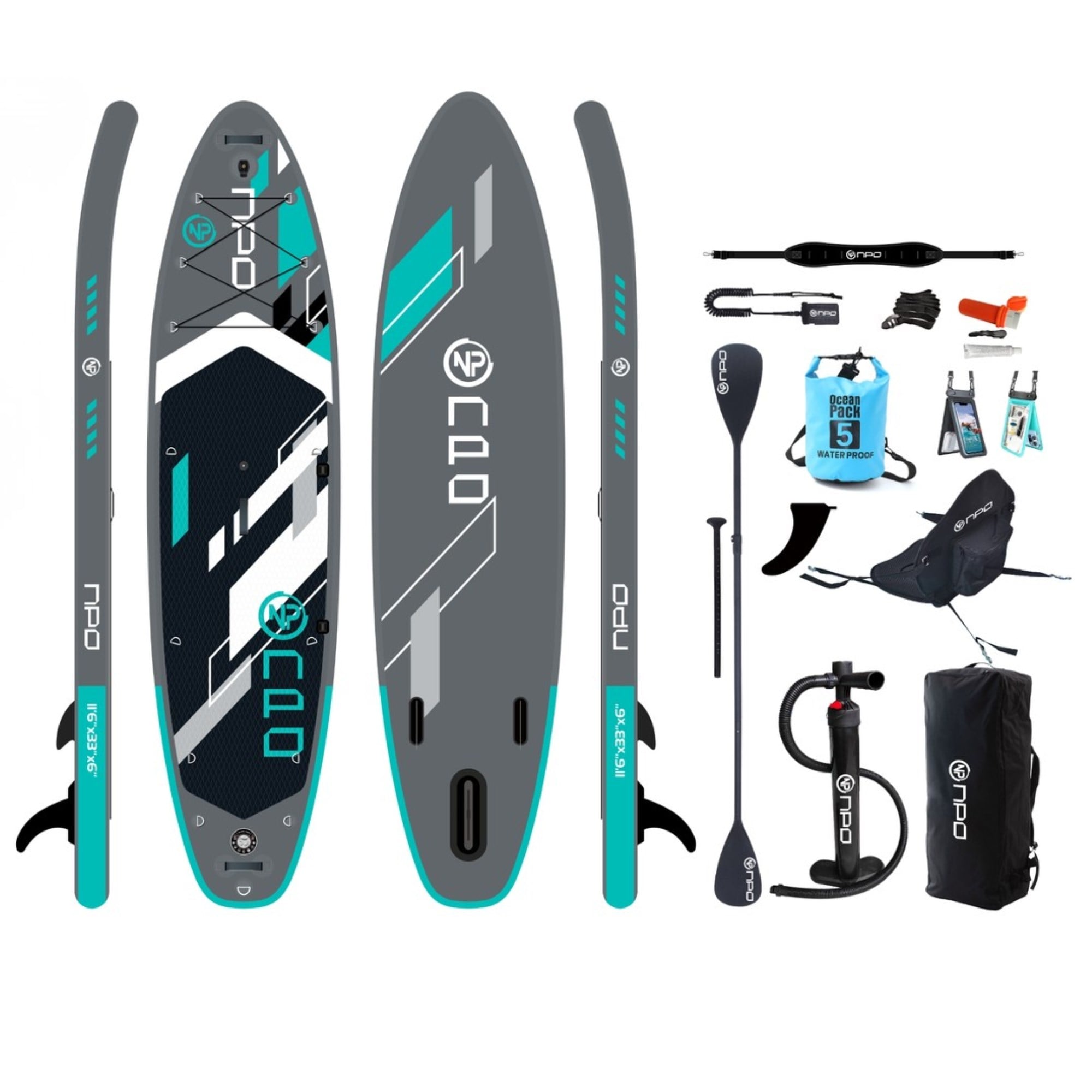 NPO Aqua Gray 350x84x15cm Şişme Military SUP Paddle Board 196kg Kürek Pompa Çanta Koltuklu Full Set