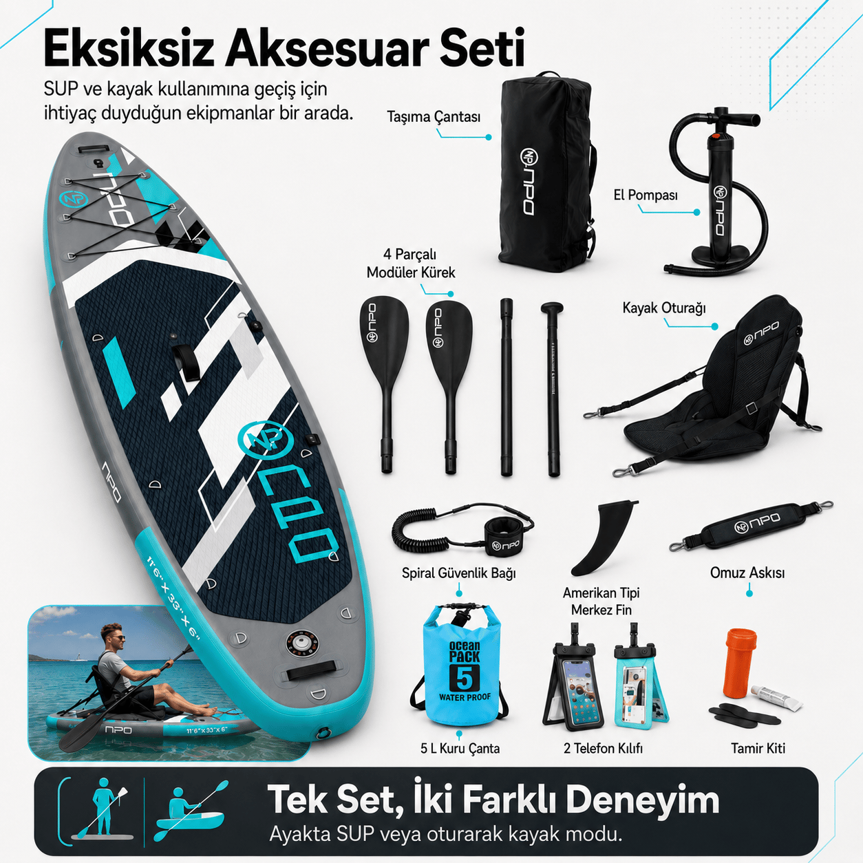 NPO Aqua Gray 350x84x15cm Şişme Military SUP Paddle Board 196kg Kürek Pompa Çanta Koltuklu Full Set