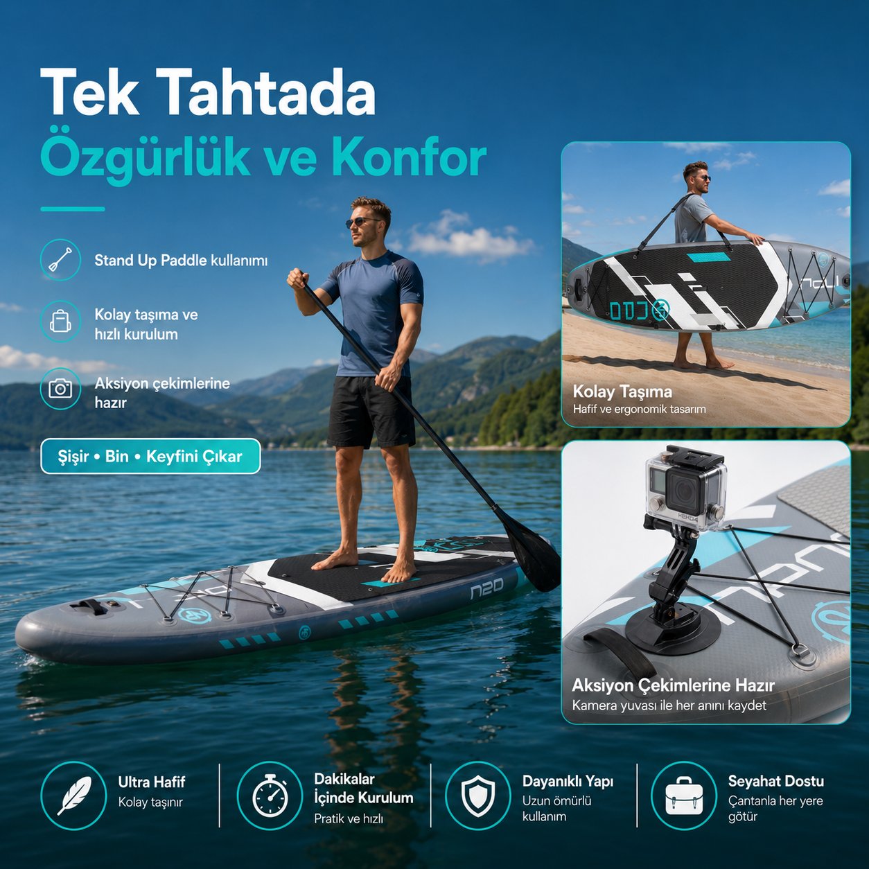 NPO Aqua Gray 350x84x15cm Şişme Military SUP Paddle Board 196kg Kürek Pompa Çanta Koltuklu Full Set