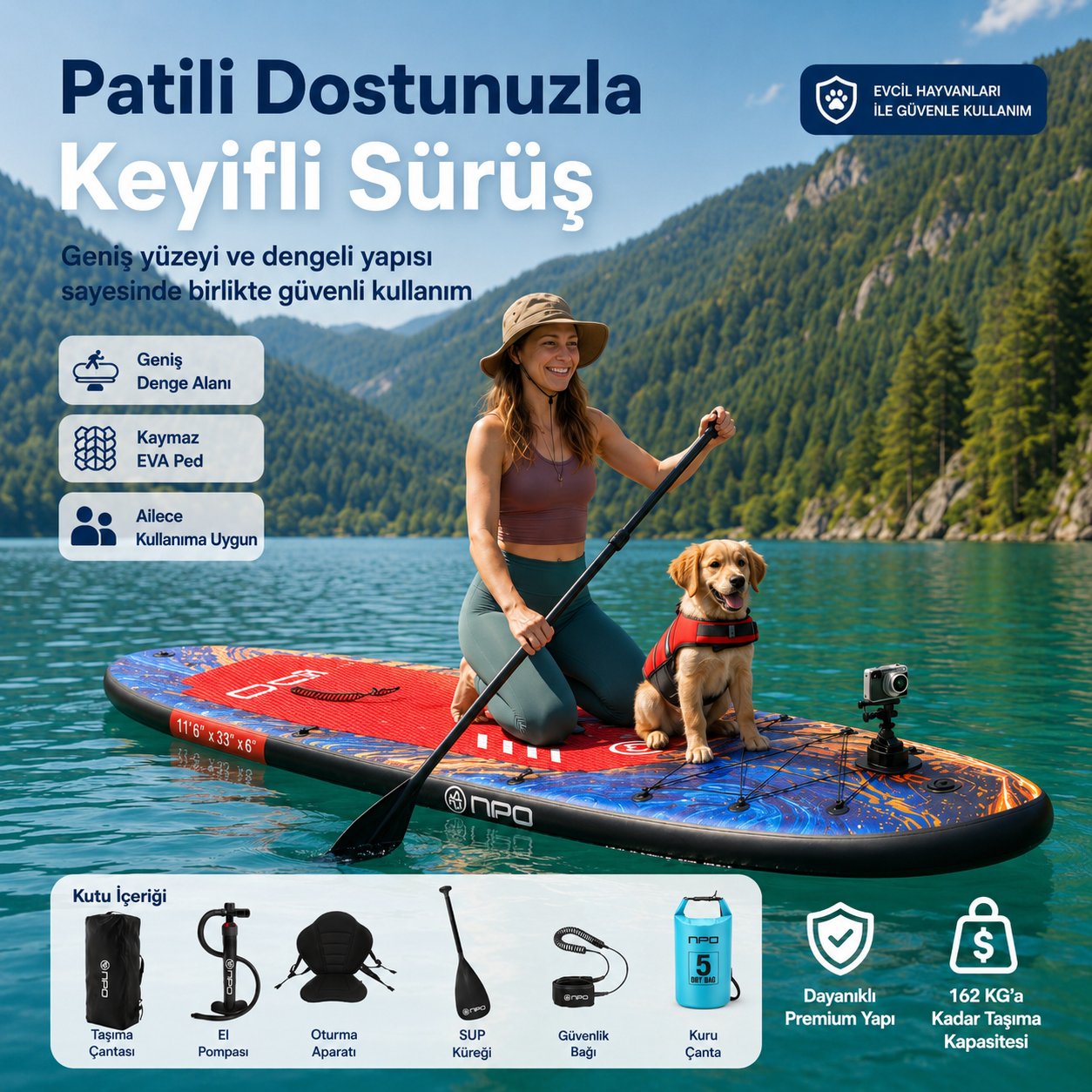 NPO Flow Stone 350x84x15cm Şişme Premium SUP Paddle Board 162kg Kürek Pompa Çanta Koltuklu Full Set