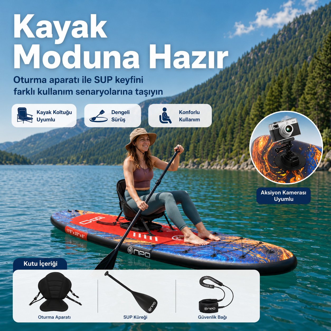 NPO Flow Stone 350x84x15cm Şişme Premium SUP Paddle Board 162kg Kürek Pompa Çanta Koltuklu Full Set