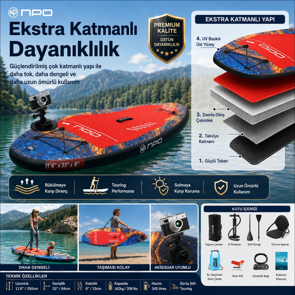NPO Flow Stone 350x84x15cm Şişme Premium SUP Paddle Board 162kg Kürek Pompa Çanta Koltuklu Full Set