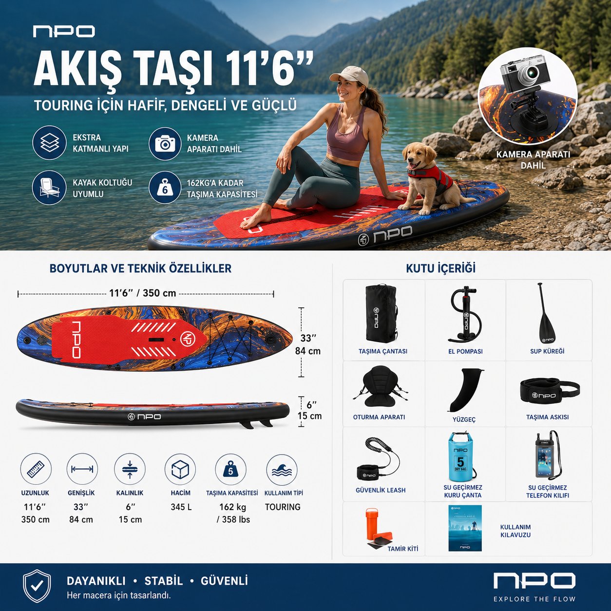 NPO Flow Stone 350x84x15cm Şişme Premium SUP Paddle Board 162kg Kürek Pompa Çanta Koltuklu Full Set