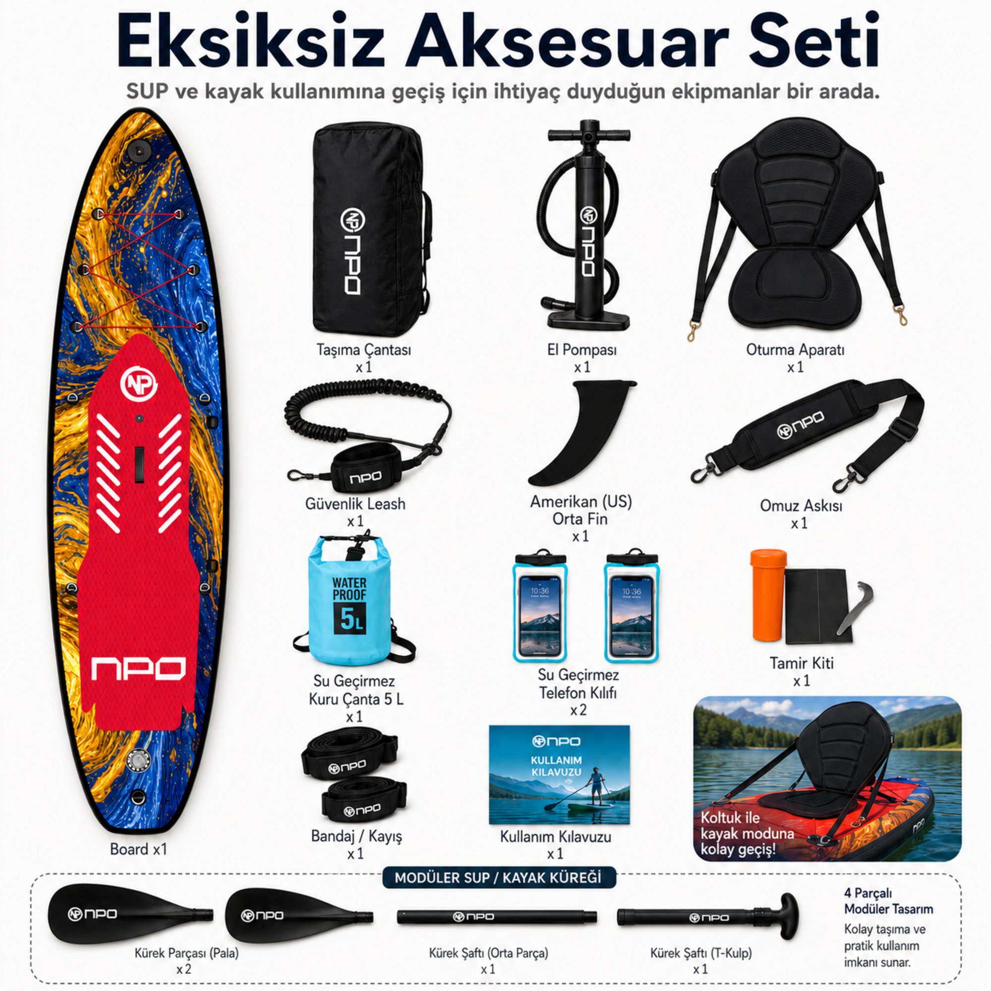 NPO Flow Stone 350x84x15cm Şişme Premium SUP Paddle Board 162kg Kürek Pompa Çanta Koltuklu Full Set