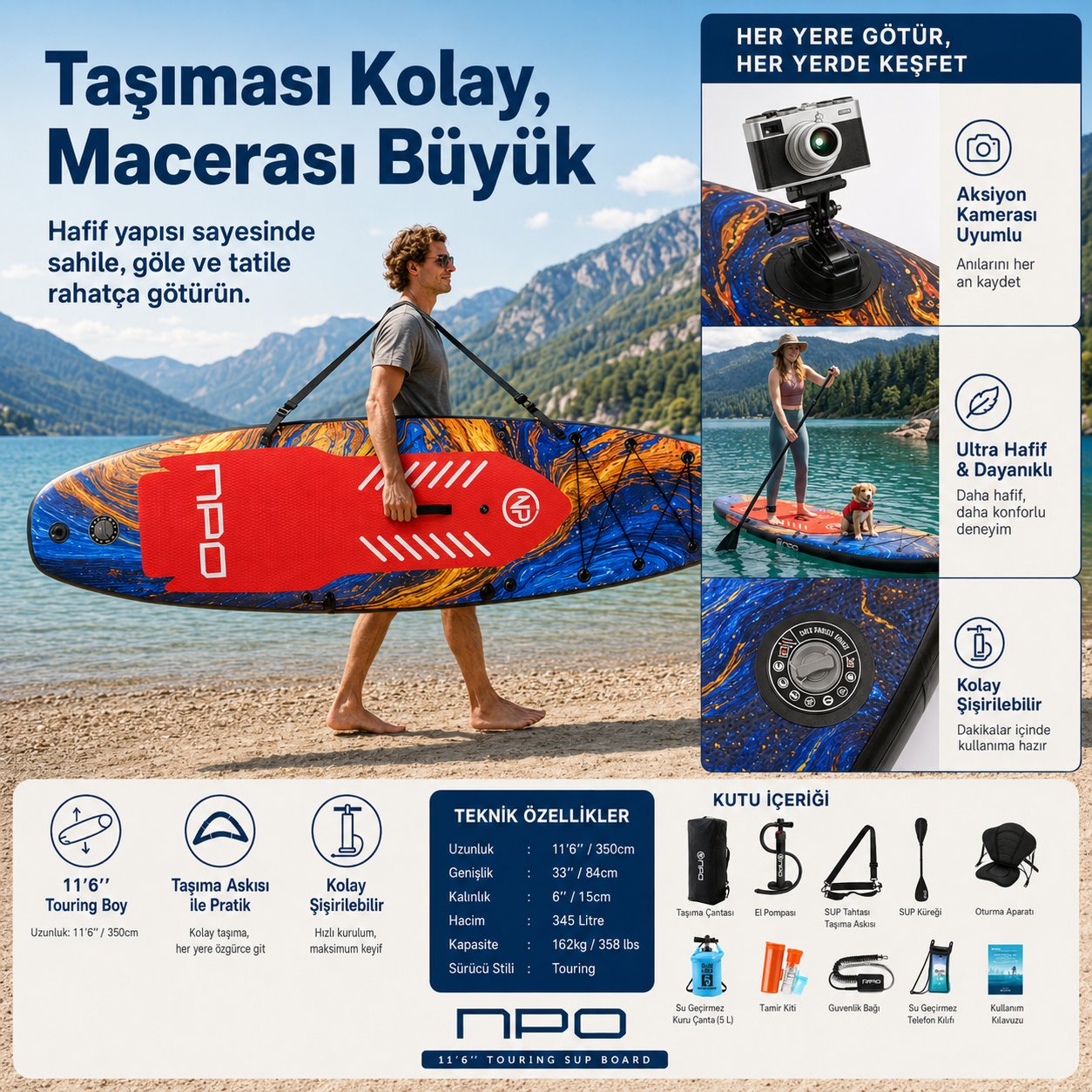 NPO Flow Stone 350x84x15cm Şişme Premium SUP Paddle Board 162kg Kürek Pompa Çanta Koltuklu Full Set