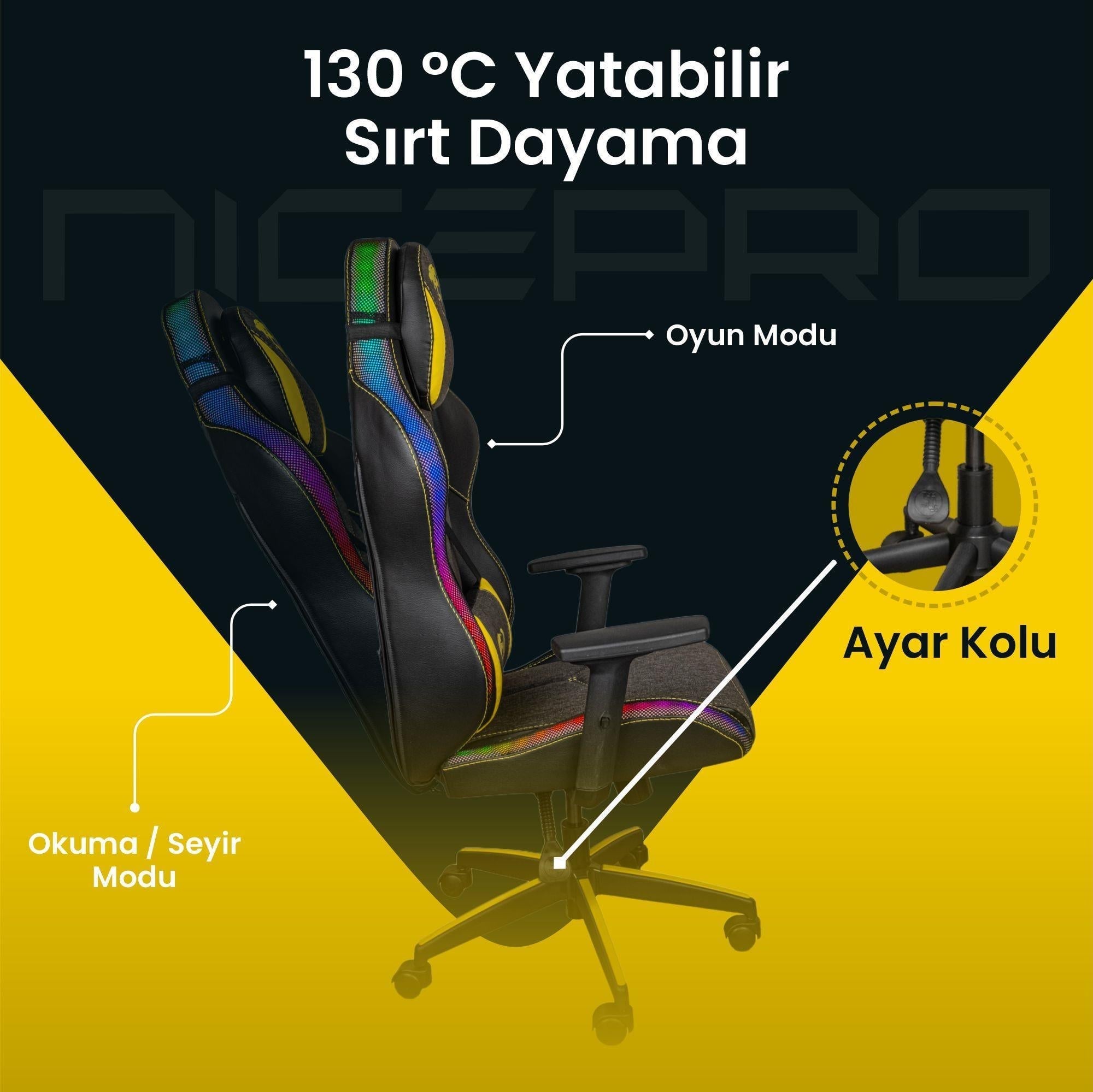 NPO GC2001YB 2D Kolçaklı,RGB Ledli,Boyun ve Sırt Destekli Gaming Oyuncu Koltuğu,Sarı-Siyah