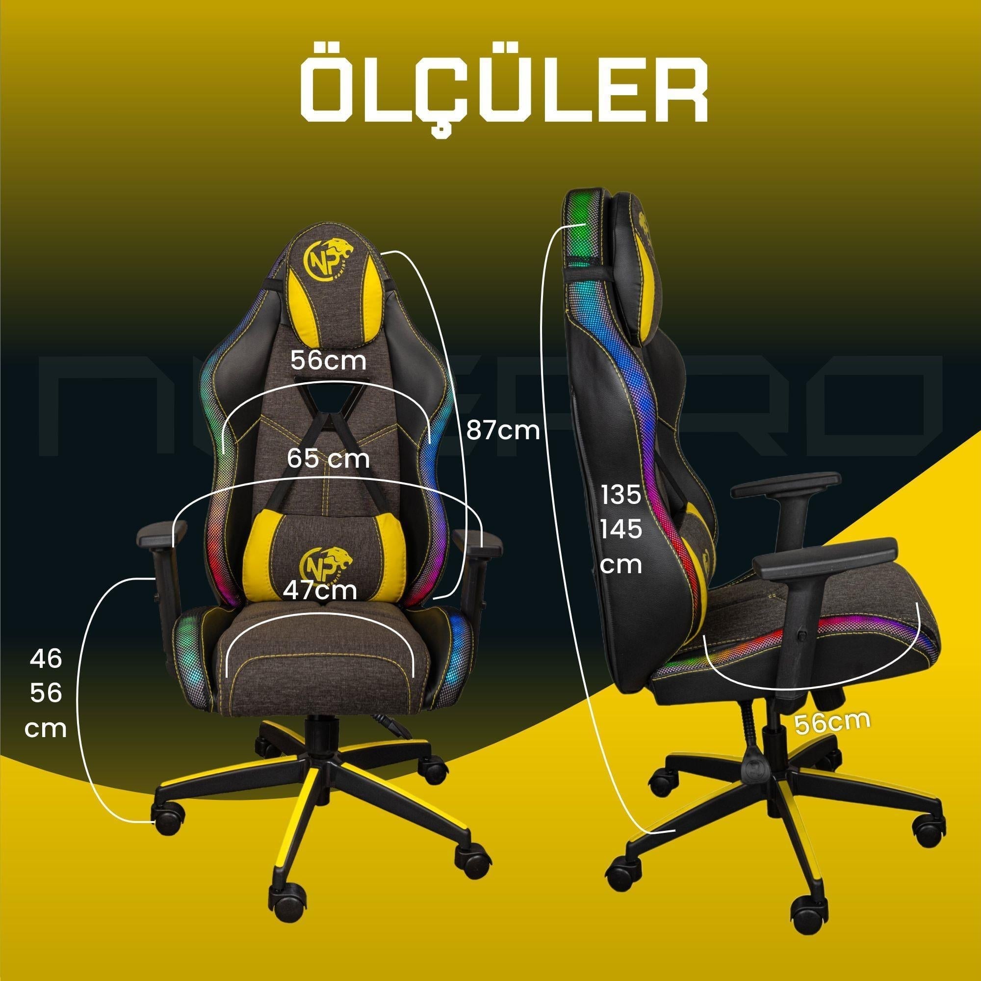 NPO GC2001YB 2D Kolçaklı,RGB Ledli,Boyun ve Sırt Destekli Gaming Oyuncu Koltuğu,Sarı-Siyah