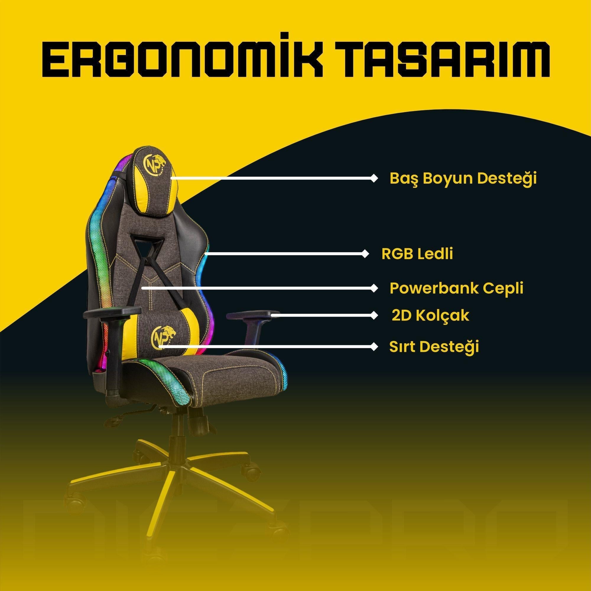 NPO GC2001YB 2D Kolçaklı,RGB Ledli,Boyun ve Sırt Destekli Gaming Oyuncu Koltuğu,Sarı-Siyah