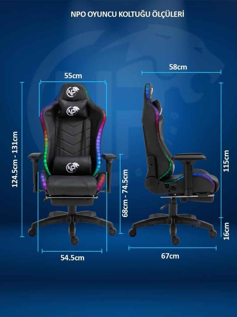 NPO GC3001BB Masajlı,RGB,4D Kolçaklı,Ayak Destekli Oyuncu Koltuğu, Mavi- Siyah