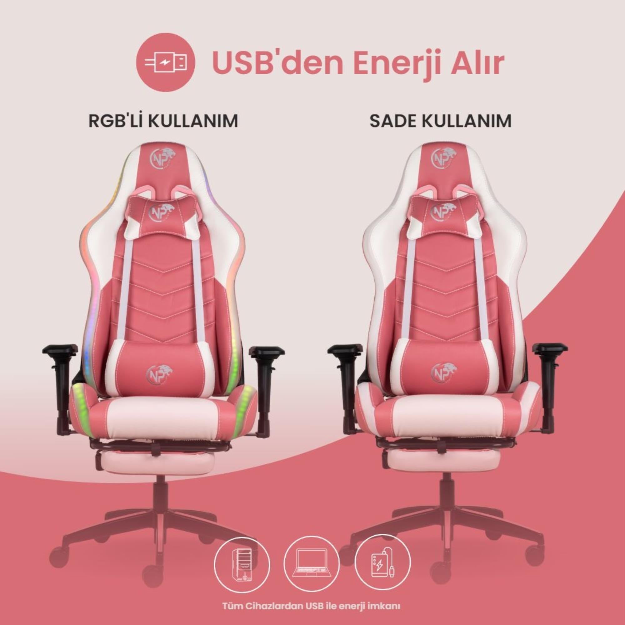 NPO GC3001PW Masajlı,RGB,4D Kolçaklı,Ayak Destekli Oyuncu Koltuğu, Pembe- Beyaz
