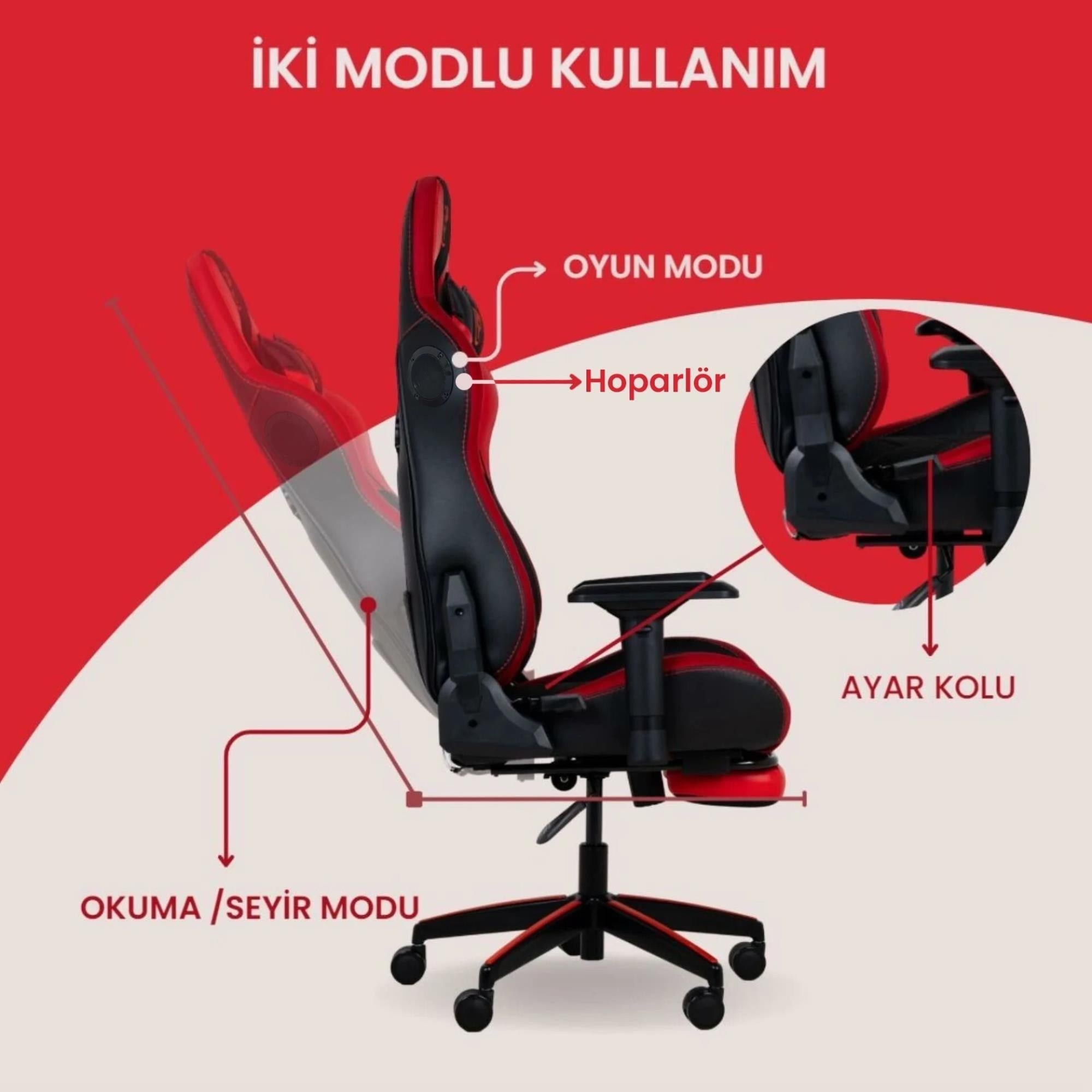NPO GC5001BR Bluetooth Hoparlörlü, Masajlı, RGB, 4D Kolçaklı, Ayak Destekli Gaming Oyuncu Koltuğu,Kırmızı-Siyah