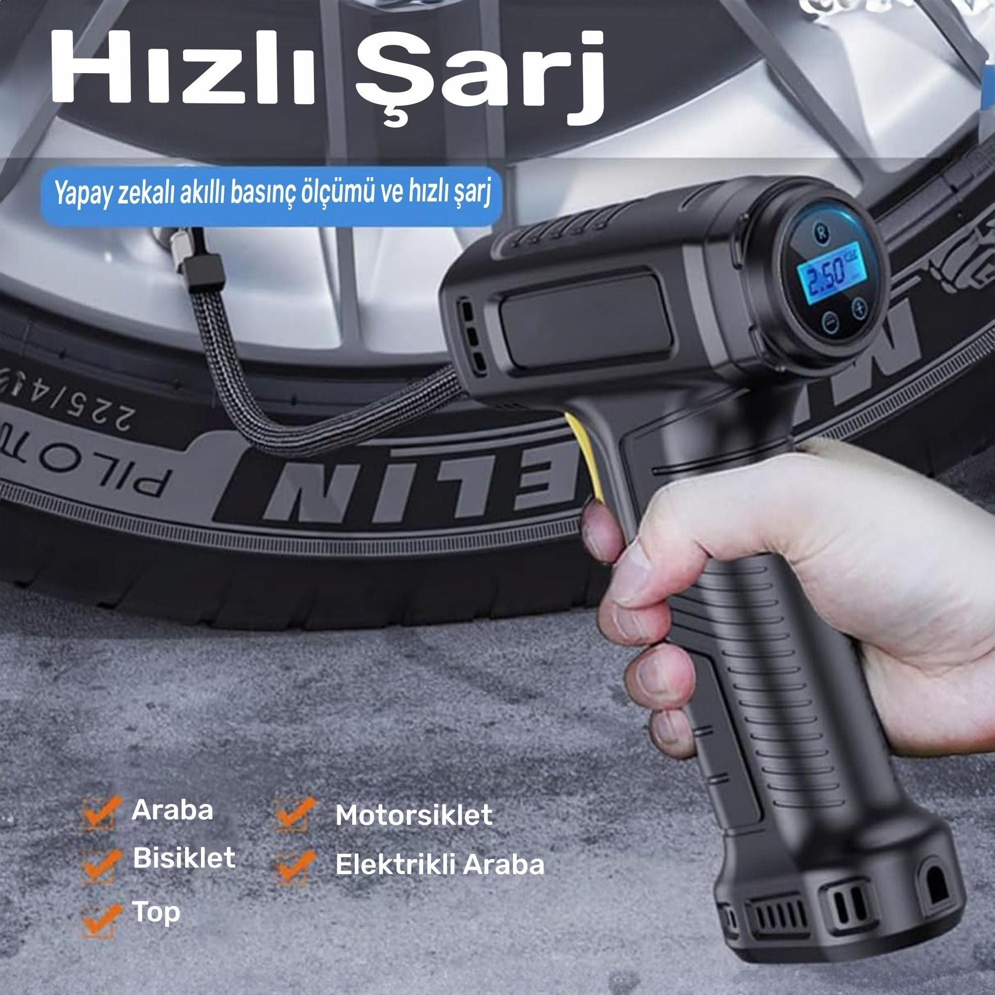 NPO HP03 150PSI 3600Mah Şarjlı Led Işıklı LCD Ekranlı Çok Amaçlı Taşınabilir Dijital Hava Pompası