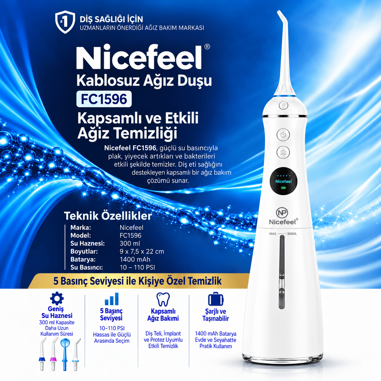 NPO Nicefeel FC1596 Taşınabilir,Şarjlı,Masajlı,Diş Teli/Protez Bakım Profesyonel Ağız Duşu