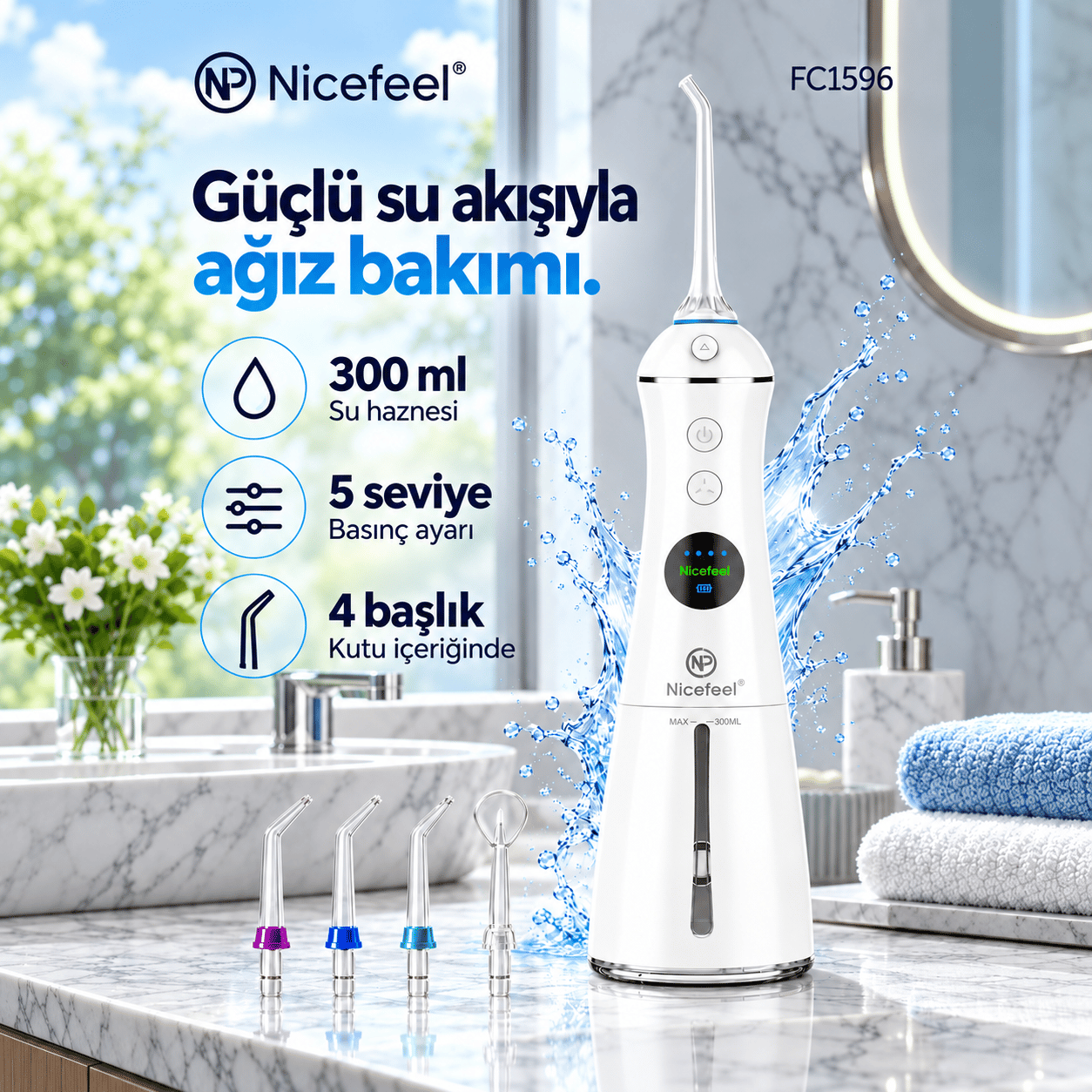 NPO Nicefeel FC1596 Taşınabilir,Şarjlı,Masajlı,Diş Teli/Protez Bakım Profesyonel Ağız Duşu