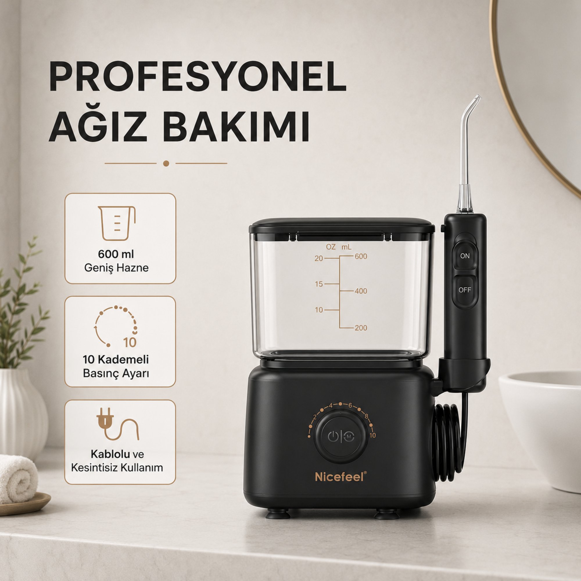 NPO Nicefeel FC180 Profesyonel 600ml Diş Teli/Protez Bakım ve Ağız Duşu - Siyah