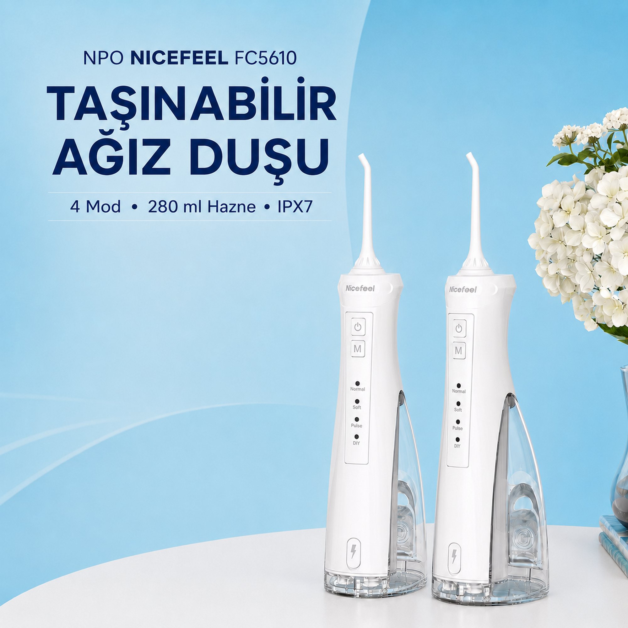 NPO Nicefeel FC5610 Şarjlı Taşınabilir Ağız Duşu 4 Modlu 280 ml IPX7 Diş Teli ve Protez Bakımı Beyaz