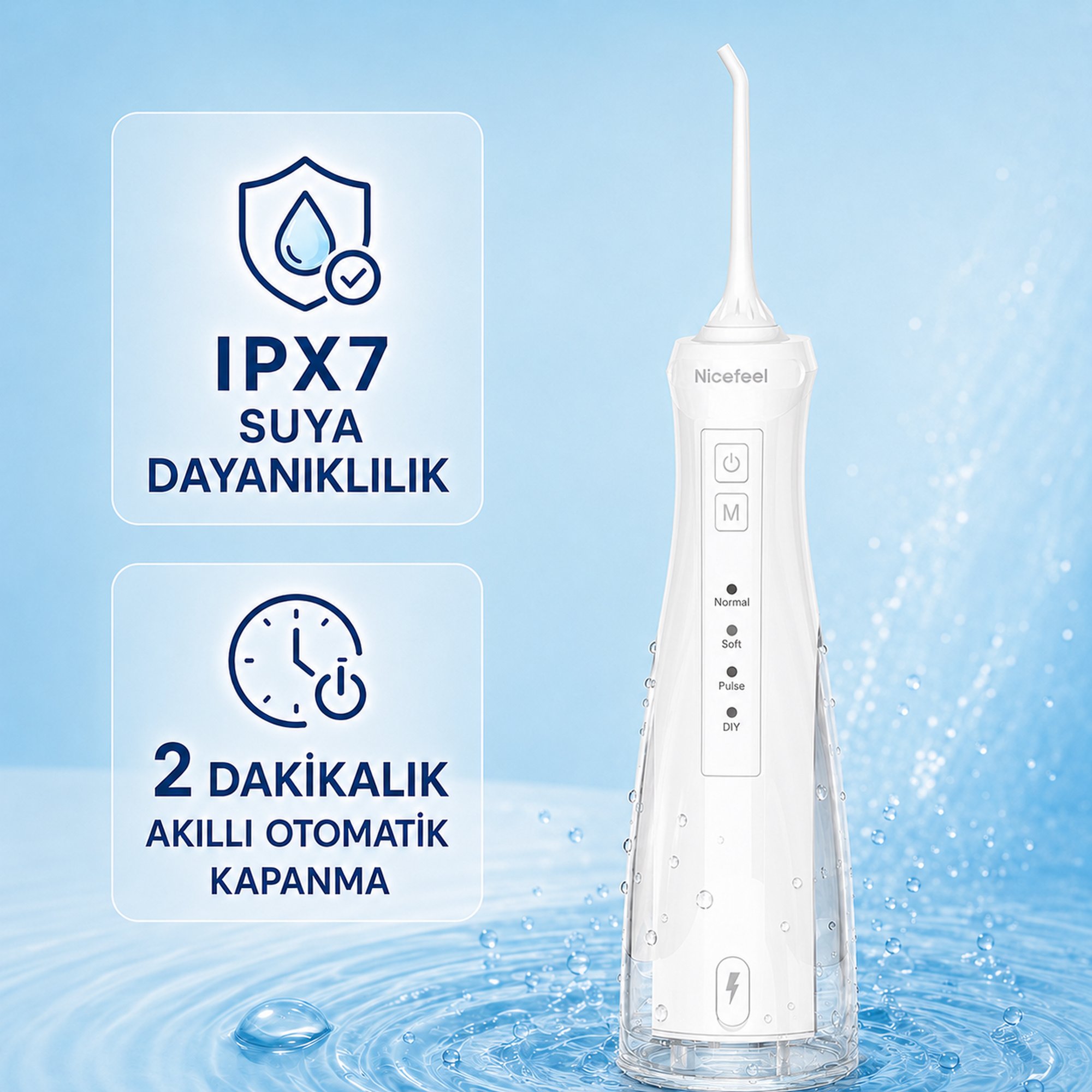 NPO Nicefeel FC5610 Şarjlı Taşınabilir Ağız Duşu 4 Modlu 280 ml IPX7 Diş Teli ve Protez Bakımı Beyaz