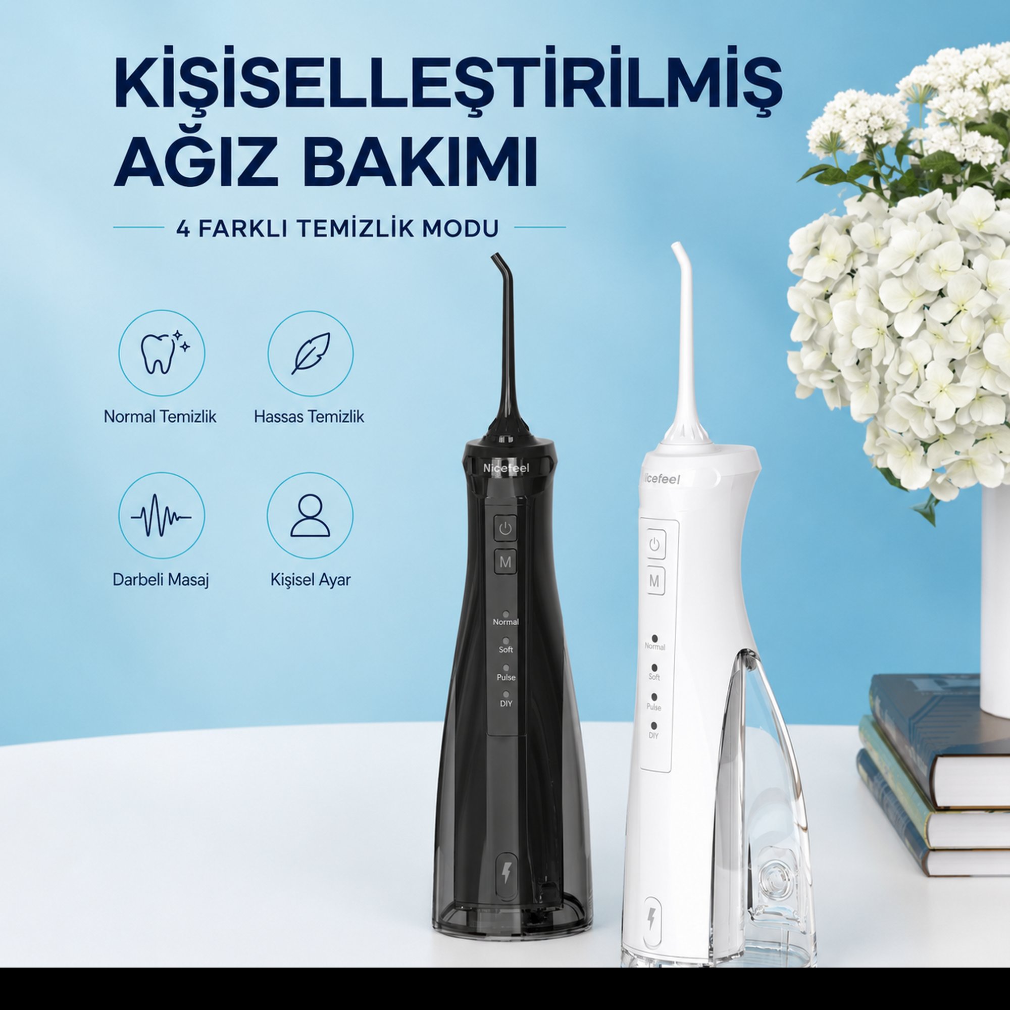 NPO Nicefeel FC5610 Şarjlı Taşınabilir Ağız Duşu 4 Modlu 280 ml IPX7 Diş Teli ve Protez Bakımı Beyaz