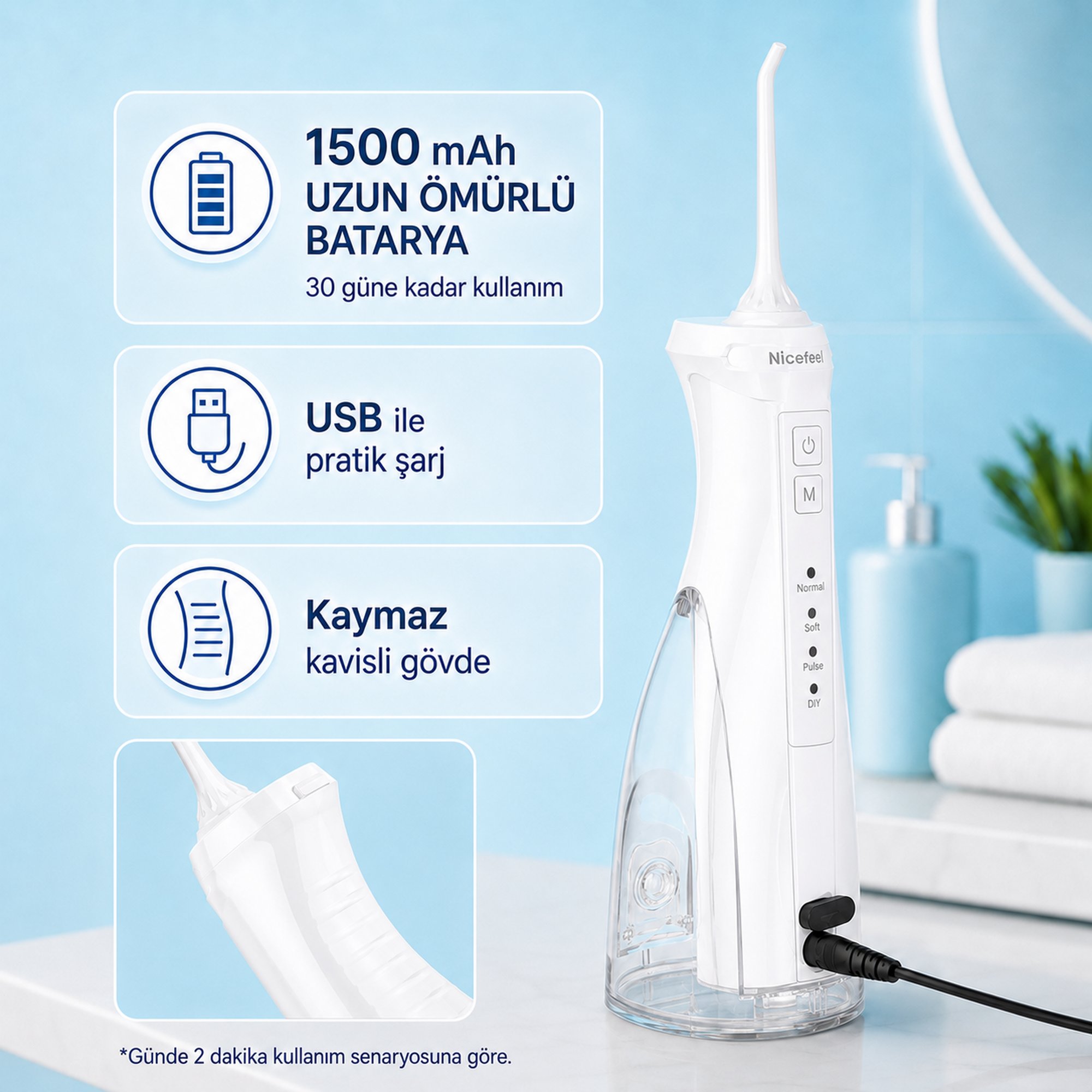 NPO Nicefeel FC5610 Şarjlı Taşınabilir Ağız Duşu 4 Modlu 280 ml IPX7 Diş Teli ve Protez Bakımı Beyaz