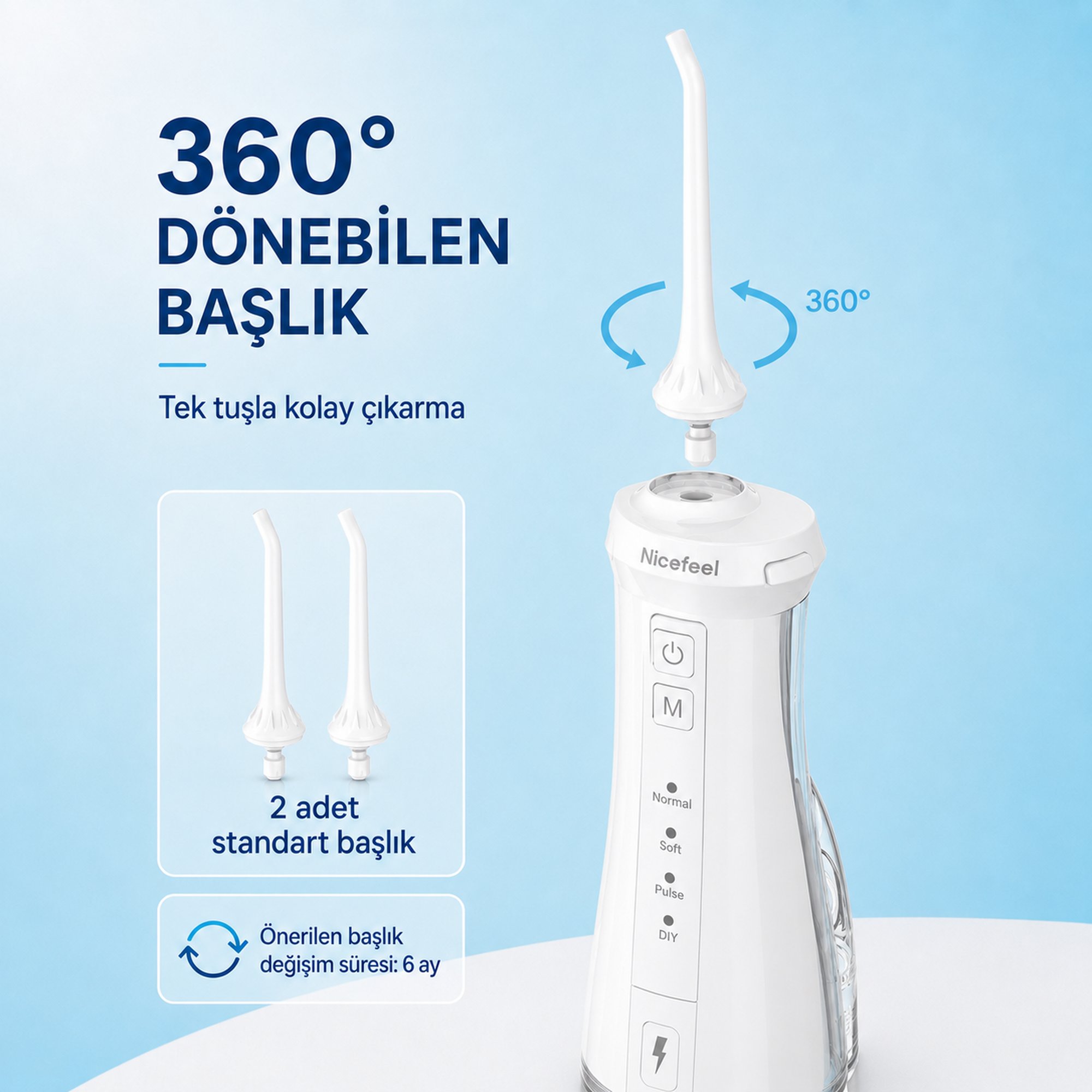 NPO Nicefeel FC5610 Şarjlı Taşınabilir Ağız Duşu 4 Modlu 280 ml IPX7 Diş Teli ve Protez Bakımı Beyaz