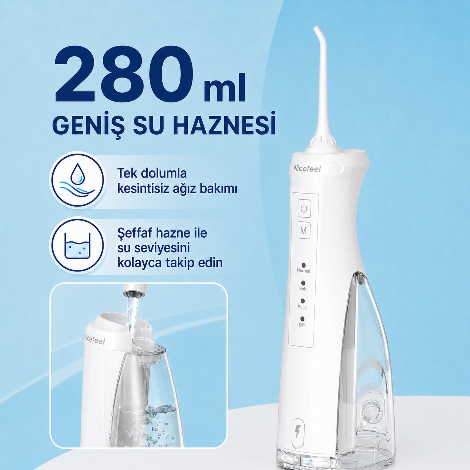 NPO Nicefeel FC5610 Şarjlı Taşınabilir Ağız Duşu 4 Modlu 280 ml IPX7 Diş Teli ve Protez Bakımı Beyaz