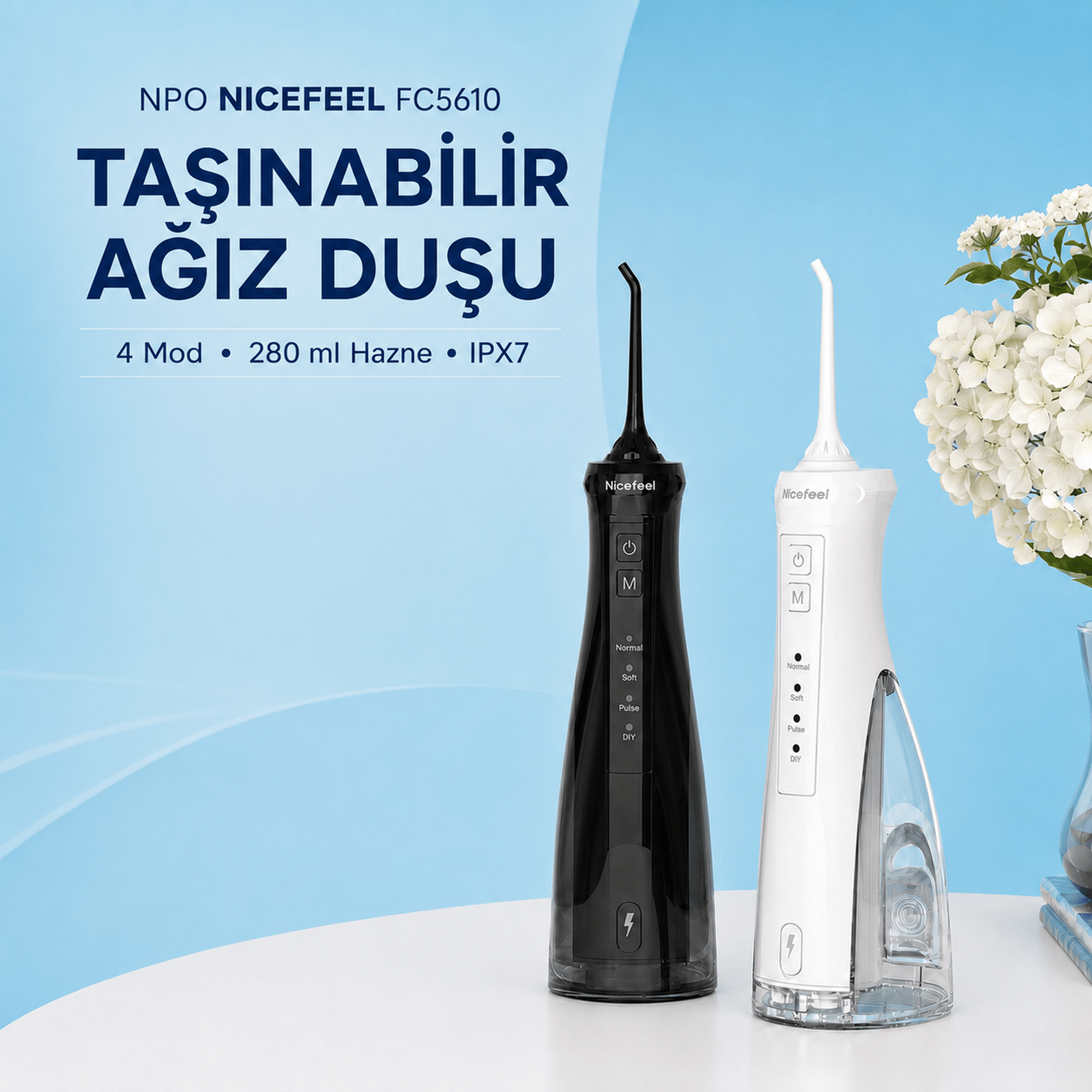 NPO Nicefeel FC5610 Şarjlı Taşınabilir Ağız Duşu 4 Modlu 280 ml IPX7 Diş Teli ve Protez Bakımı Beyaz