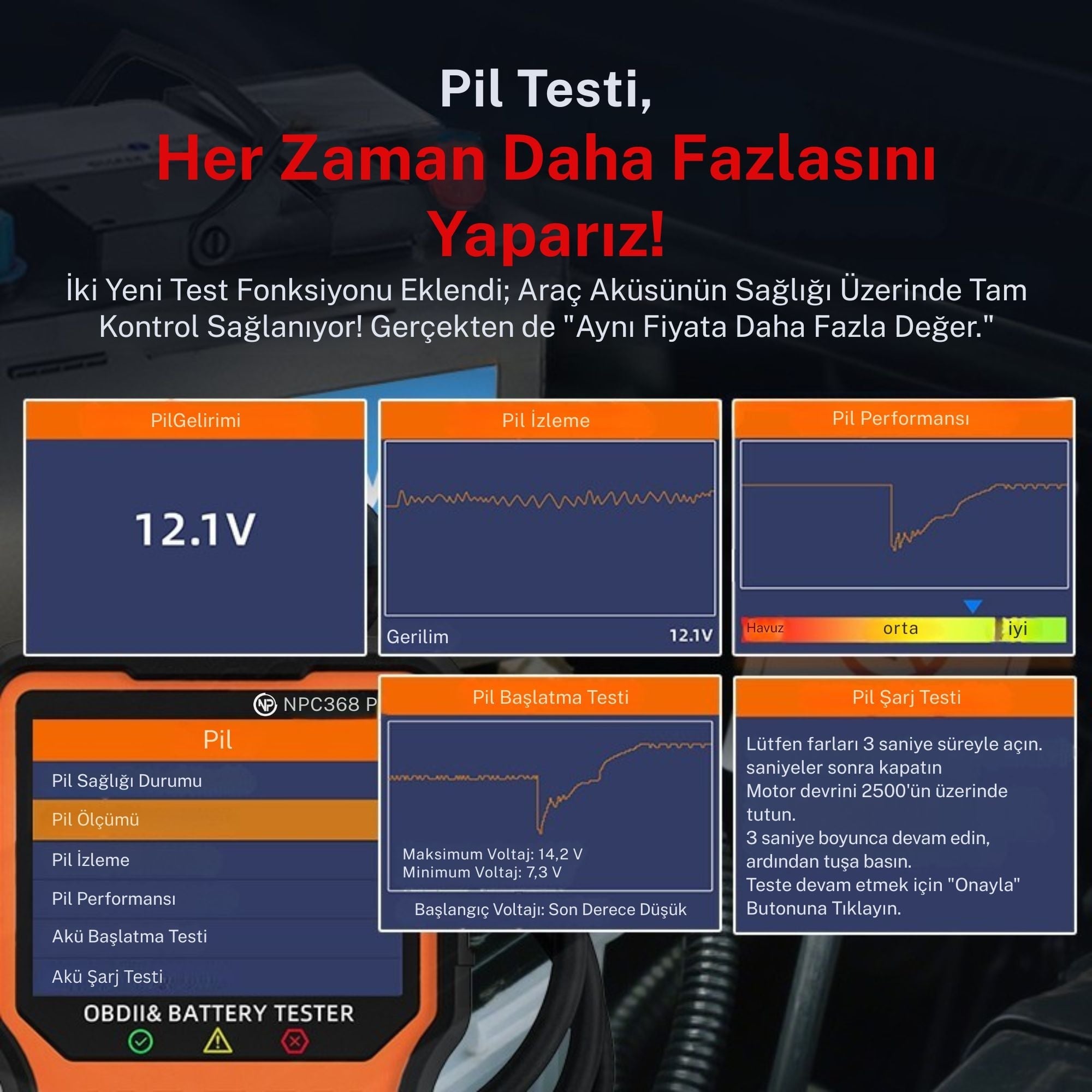NPO NPC368Pro 2in1 Akü Analizli ve 50.000+ Hata Kodu Hafızalı Türkçe Araç Arıza Tespit Cihazı