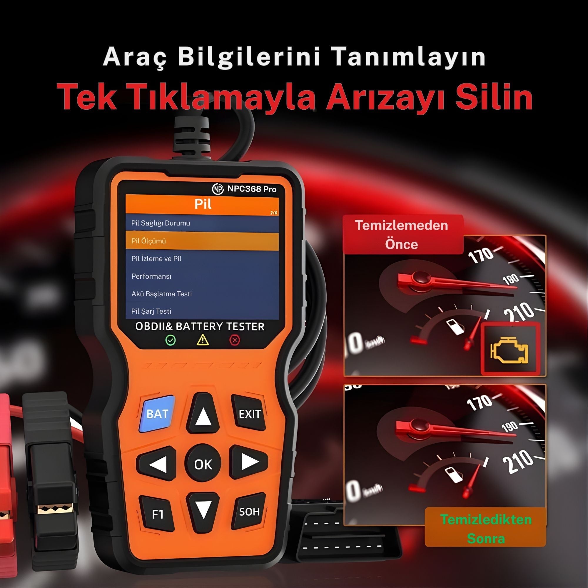 NPO NPC368Pro 2in1 Akü Analizli ve 50.000+ Hata Kodu Hafızalı Türkçe Araç Arıza Tespit Cihazı