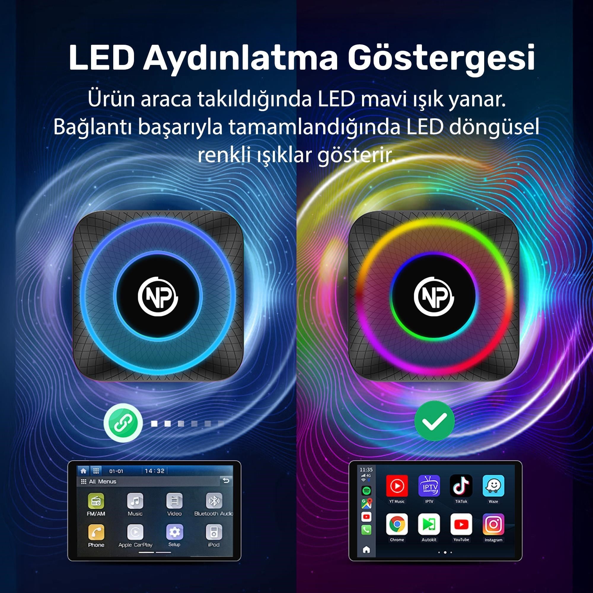 NPO NPCP01 SIM Kartlı Android13 8GB/128GB TvBox, Youtube, Netflix, Carlinkit, PlayStore Kablosuz CarPlay