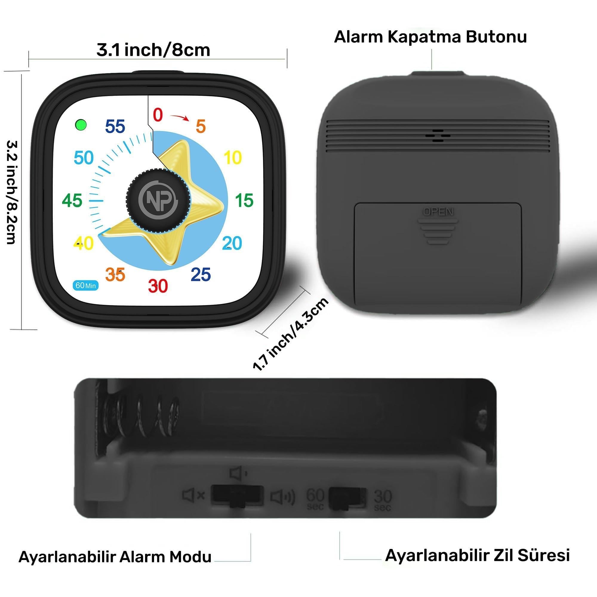 NPO NPT31ST Mutfak,Ders,Yemek için 60dk Analog Alarm Zamanlayıcı,Pomodoro Öğrenci Motivasyon Saati