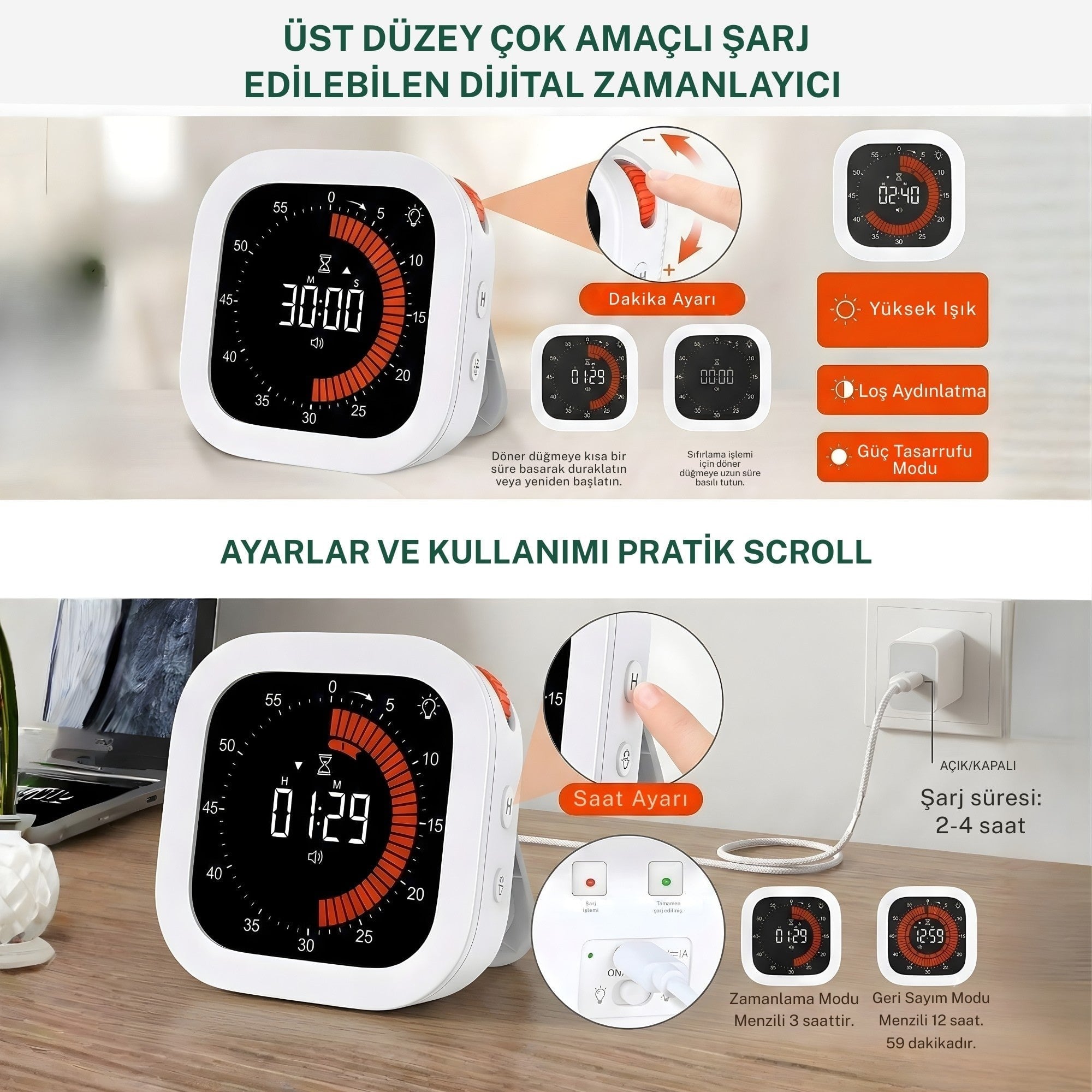 NPO NPT32B Analog Görünümlü Dijital Kronometre Pomodoro Motivasyon Saati