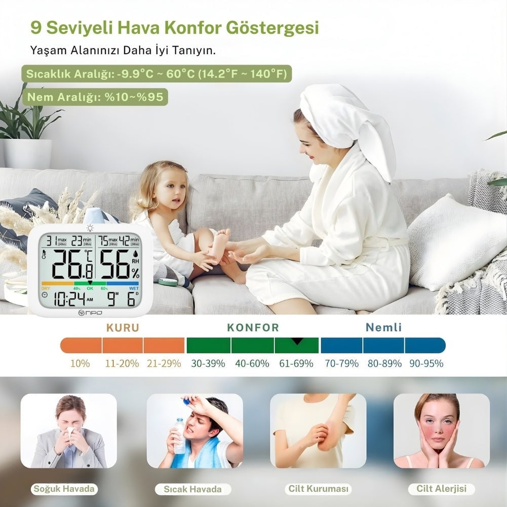 NPO NPT37D Geniş Ekran Tarih/Saat Min/Max/Konfor Göstergeli Sıcaklık Nem Ölçer Termometre