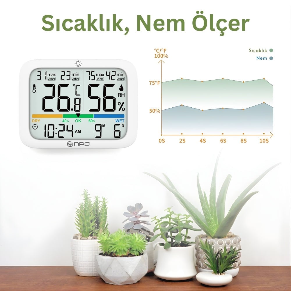 NPO NPT37D Geniş Ekran Tarih/Saat Min/Max/Konfor Göstergeli Sıcaklık Nem Ölçer Termometre