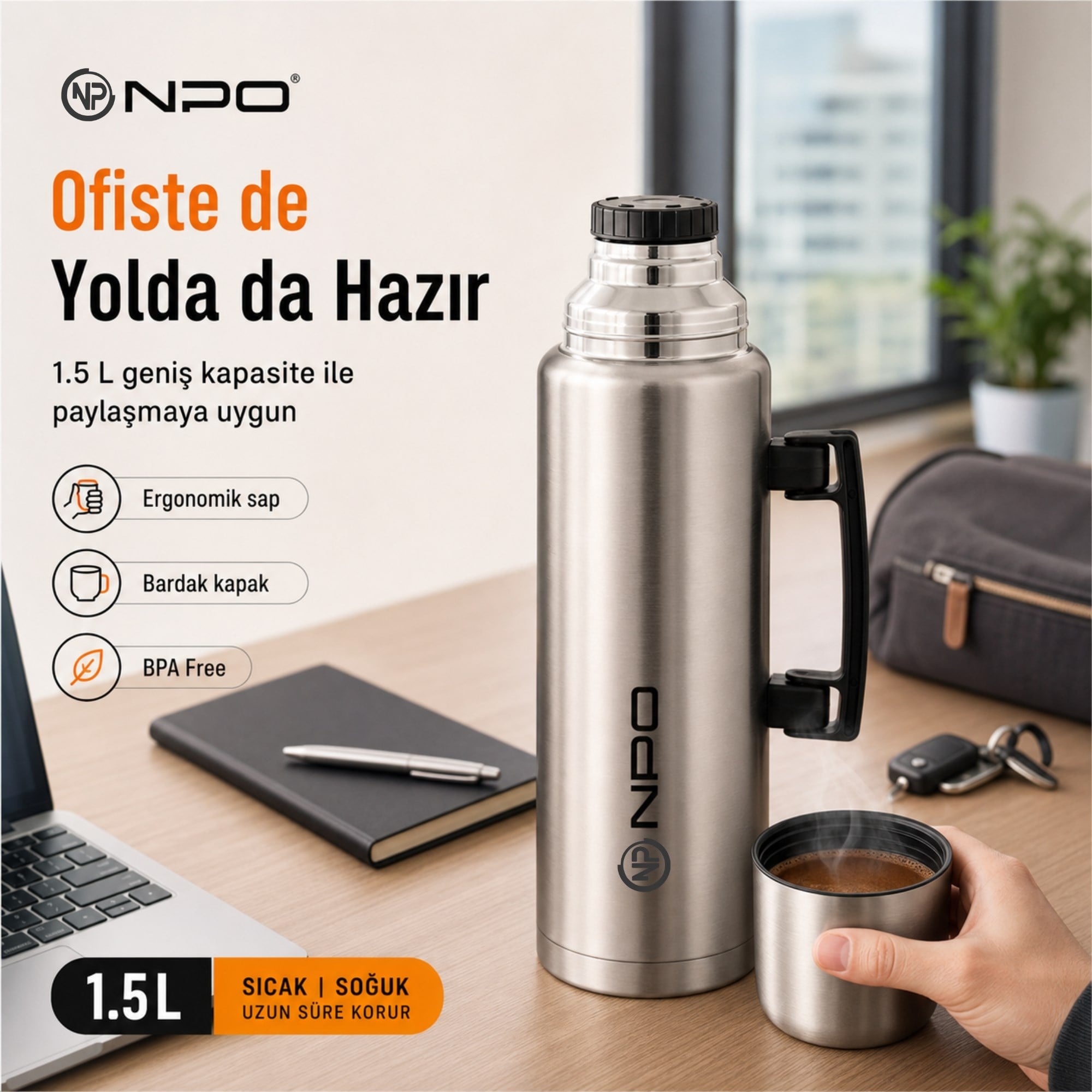NPO NT01 1.5L Çift Katmanlı Vakum Teknolojili 24H Sıcak 48H Soğuk 72 Saat Buzlu Koruma Çelik Termos