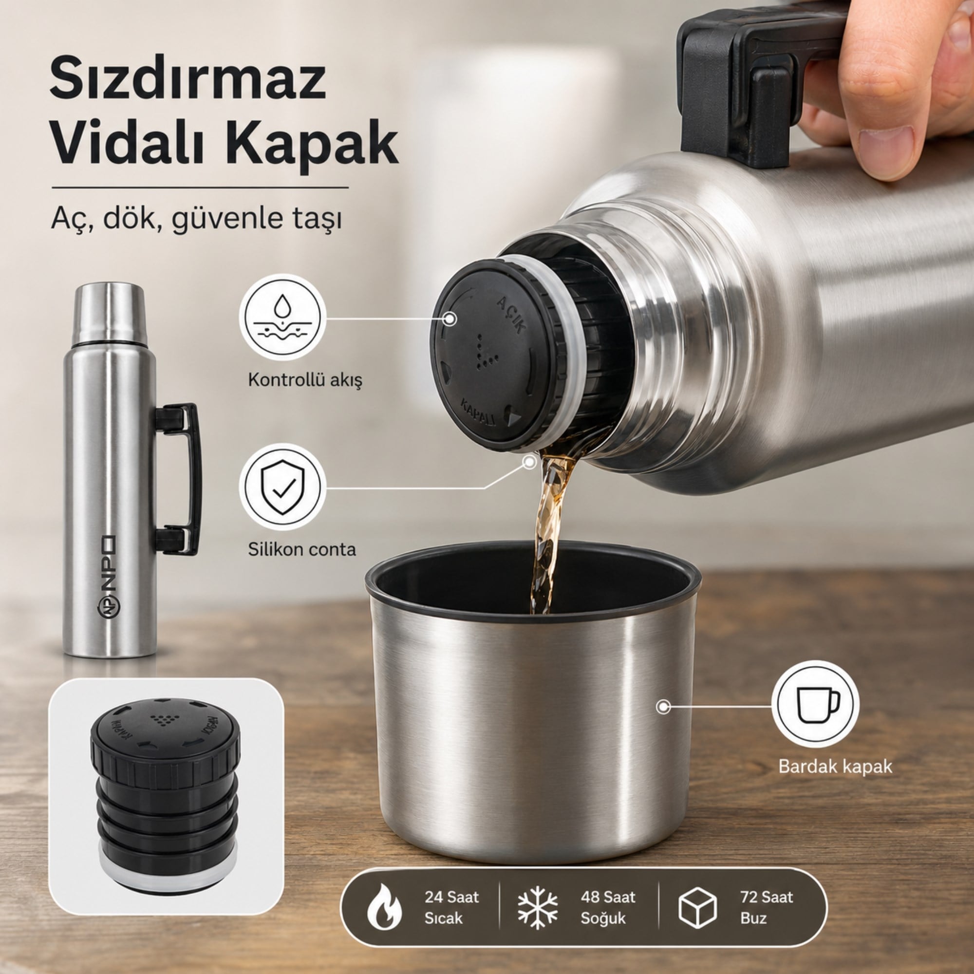 NPO NT01 1.5L Çift Katmanlı Vakum Teknolojili 24H Sıcak 48H Soğuk 72 Saat Buzlu Koruma Çelik Termos
