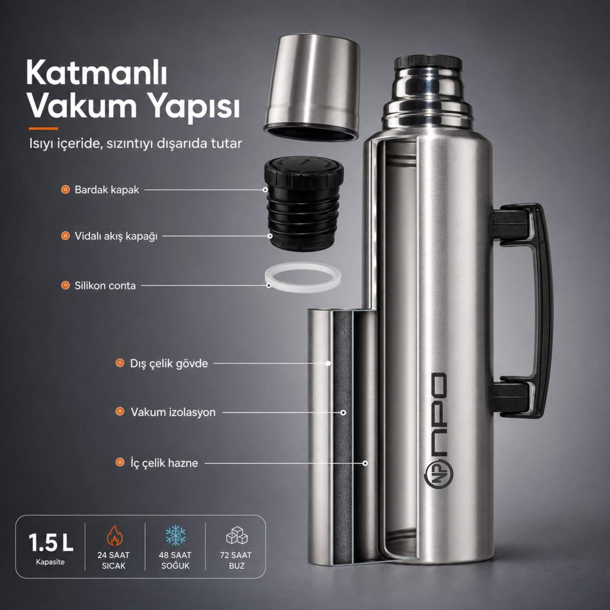 NPO NT01 1.5L Çift Katmanlı Vakum Teknolojili 24H Sıcak 48H Soğuk 72 Saat Buzlu Koruma Çelik Termos