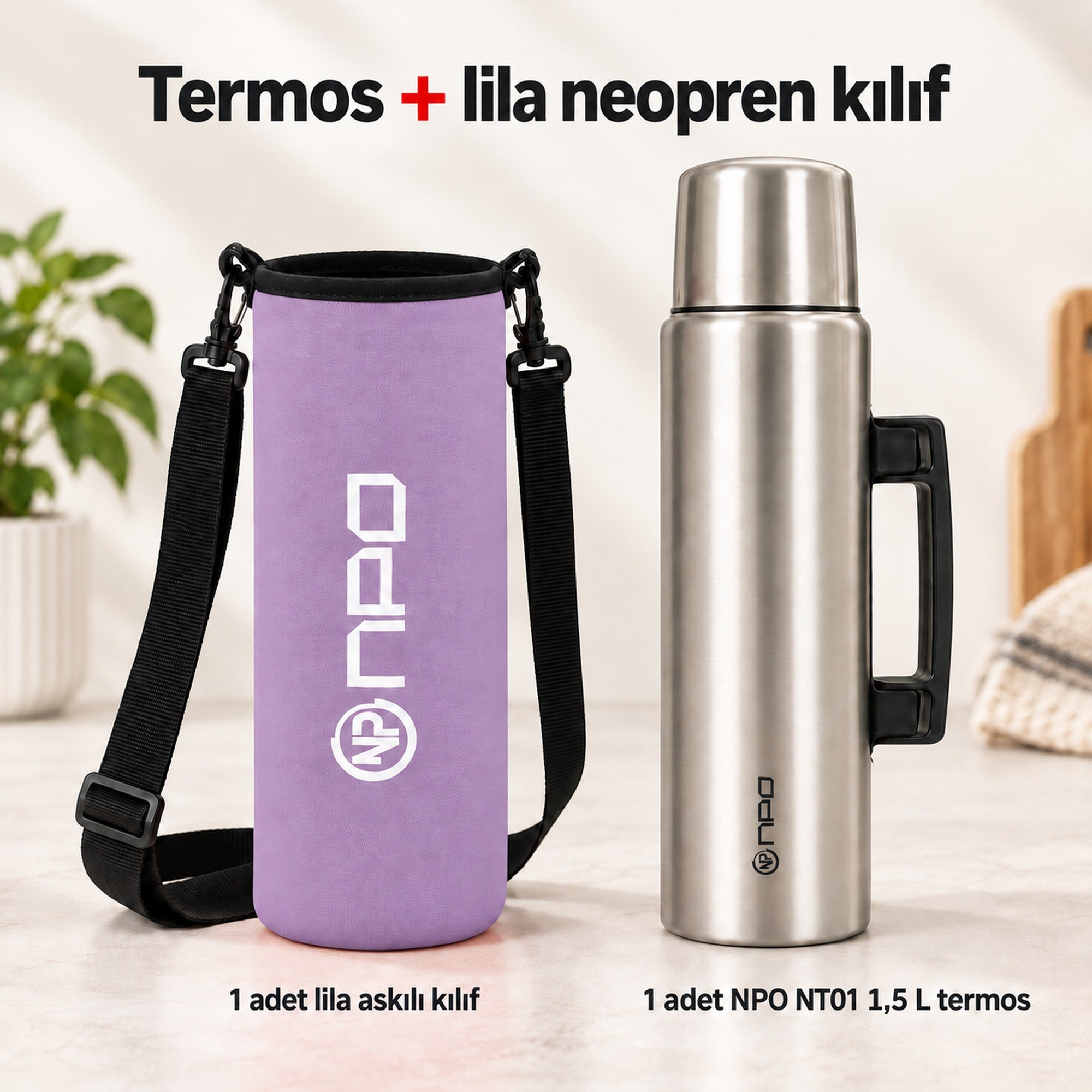 NPO NT01 2 Katman Vakum Teknolojili 24H Sıcak 48H Soğuk 72H Buzlu Koruma Çelik Termos Lila Kılıflı