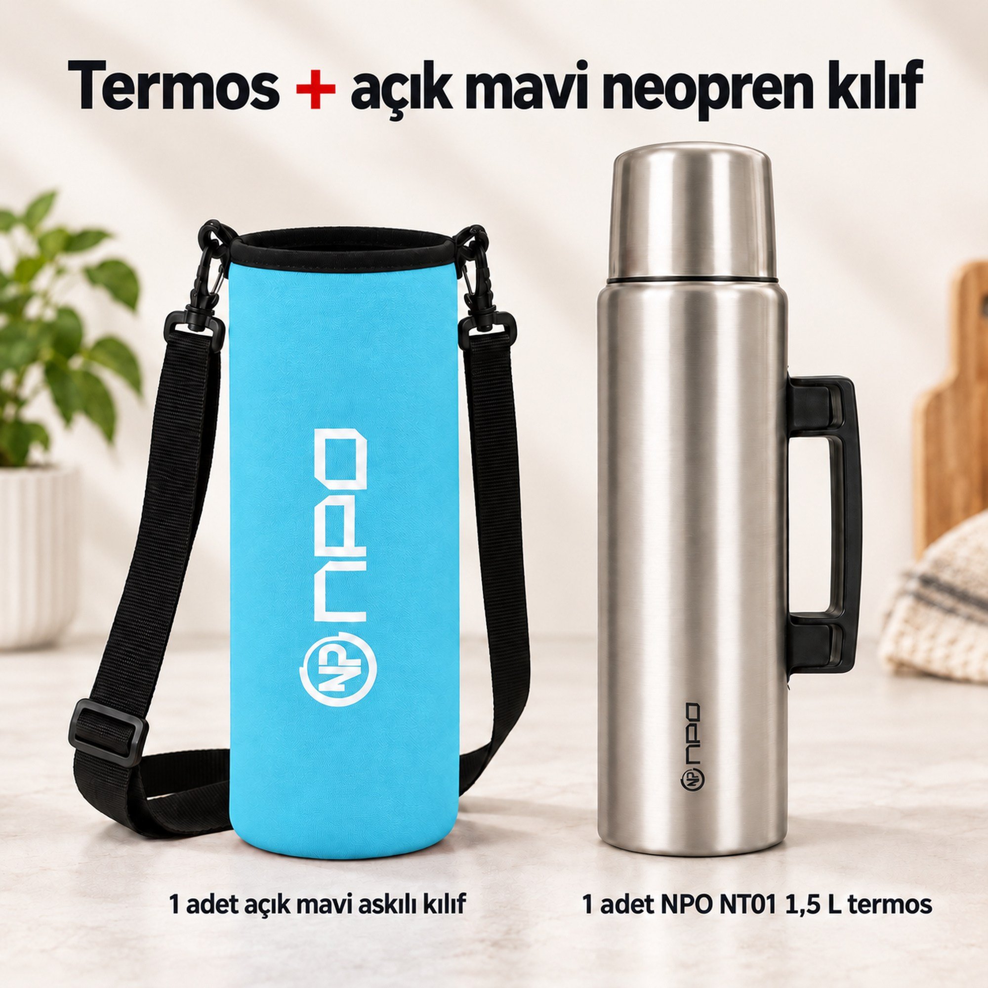 NPO NT01 2 Katman Vakum Teknolojili 24 HSıcak 48HSoğuk 72HBuzlu Koruma Çelik Termos Turkuaz Kılıflı