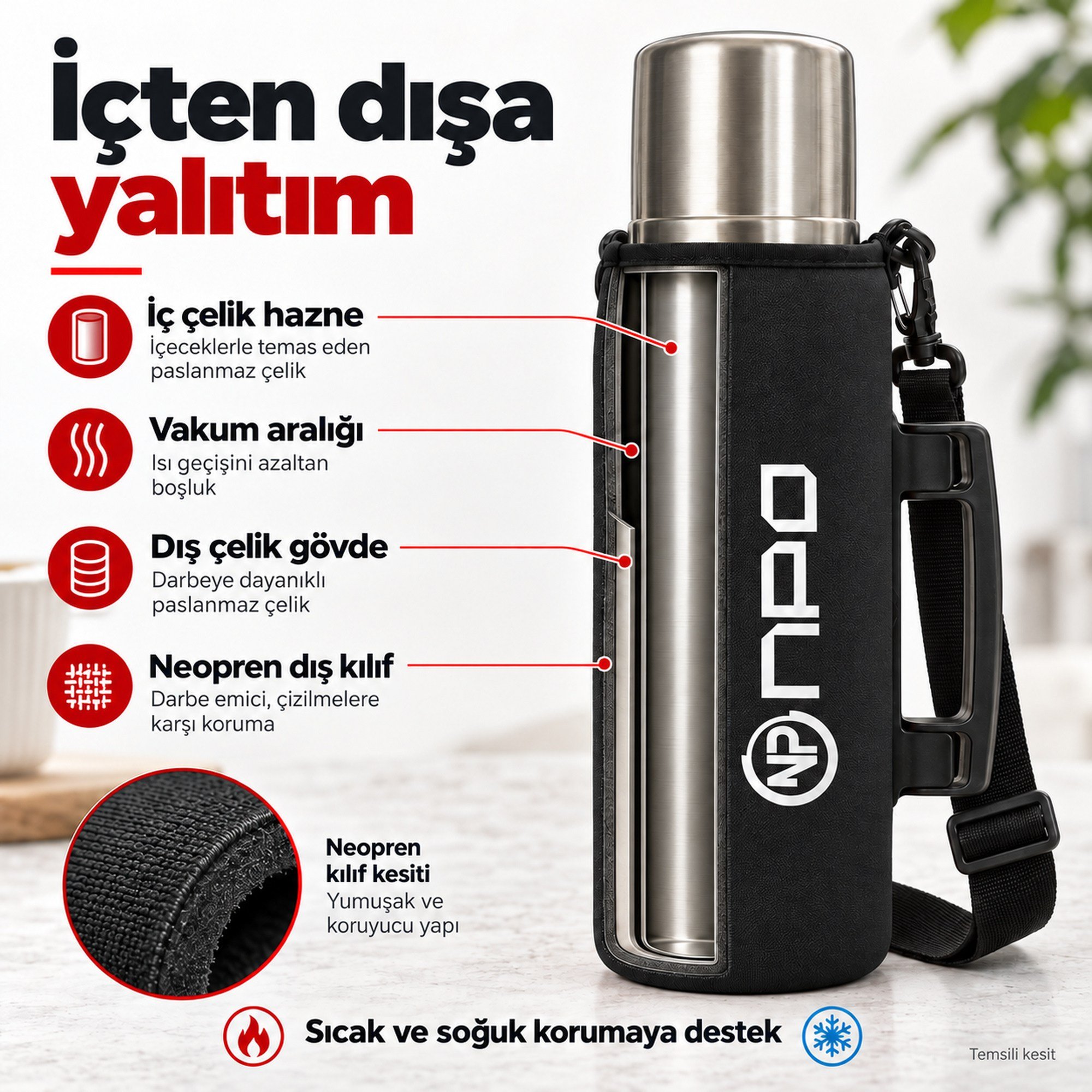 NPO NT01 2 Katman Vakum Teknolojili 24H Sıcak 48H Soğuk 72H Buzlu Koruma Çelik Termos Siyah Kılıflı