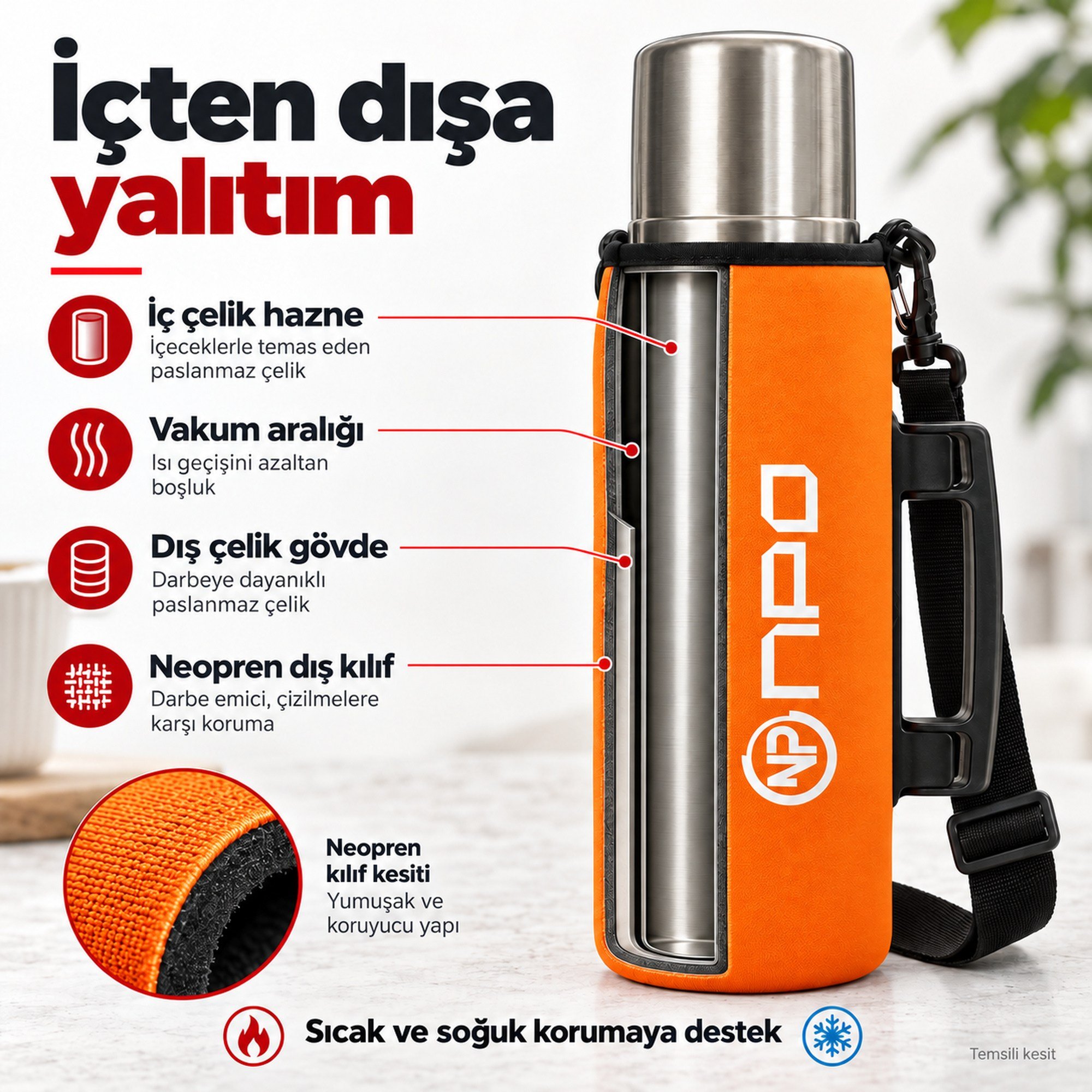 NPO NT01 2 Katman Vakum Teknolojili 24H Sıcak 48HSoğuk 72HBuzlu Koruma Çelik Termos Turuncu Kılıflı