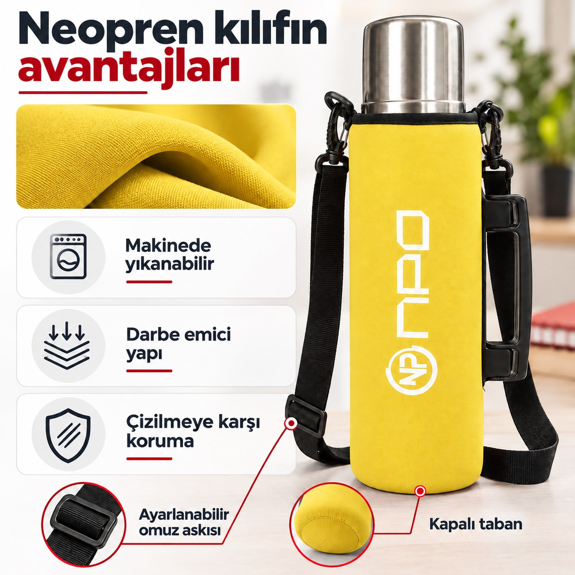 NPO NT01 2 Katman Vakum Teknolojili 24H Sıcak 48H Soğuk 72H Buzlu Koruma Çelik Termos Sarı Kılıflı