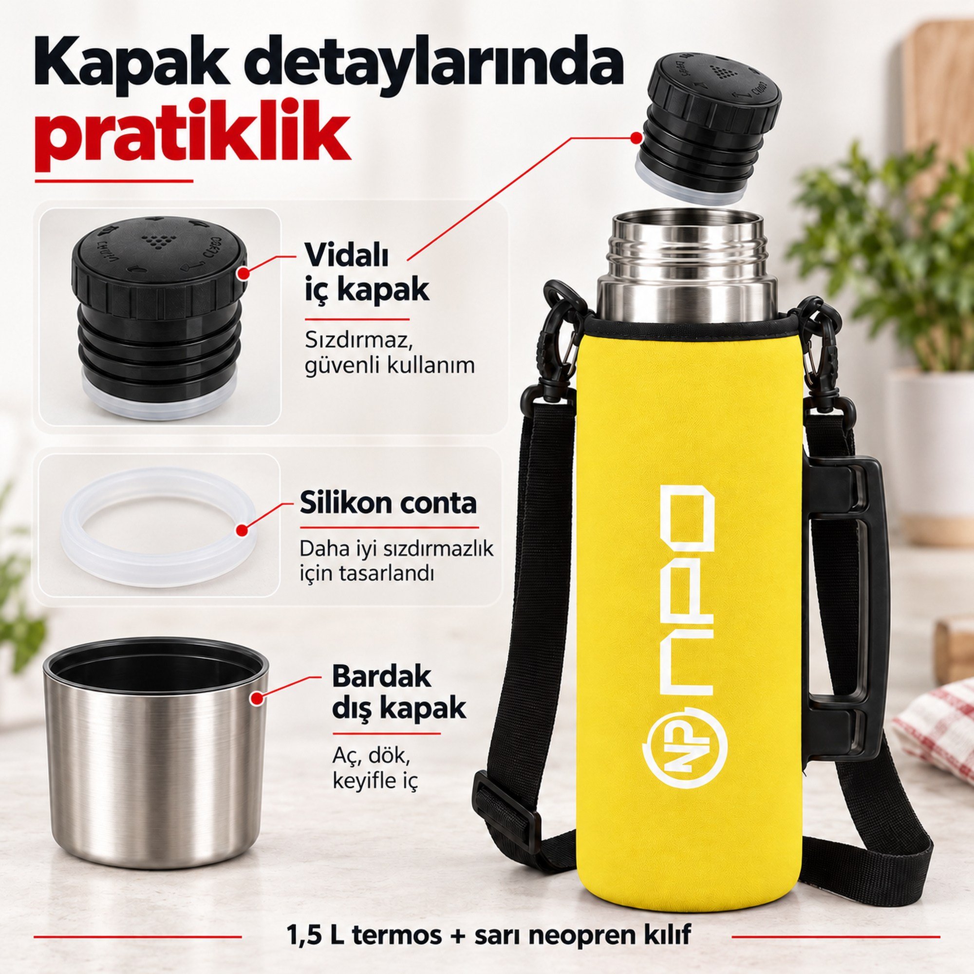 NPO NT01 2 Katman Vakum Teknolojili 24H Sıcak 48H Soğuk 72H Buzlu Koruma Çelik Termos Sarı Kılıflı